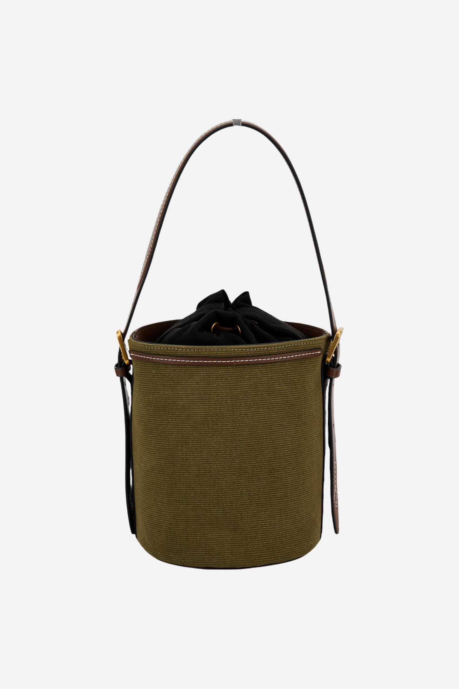 Structured bucket bag in washed canvas with eco-leather contrast details and gold maxi logo buckle on the front. - Brown/Military