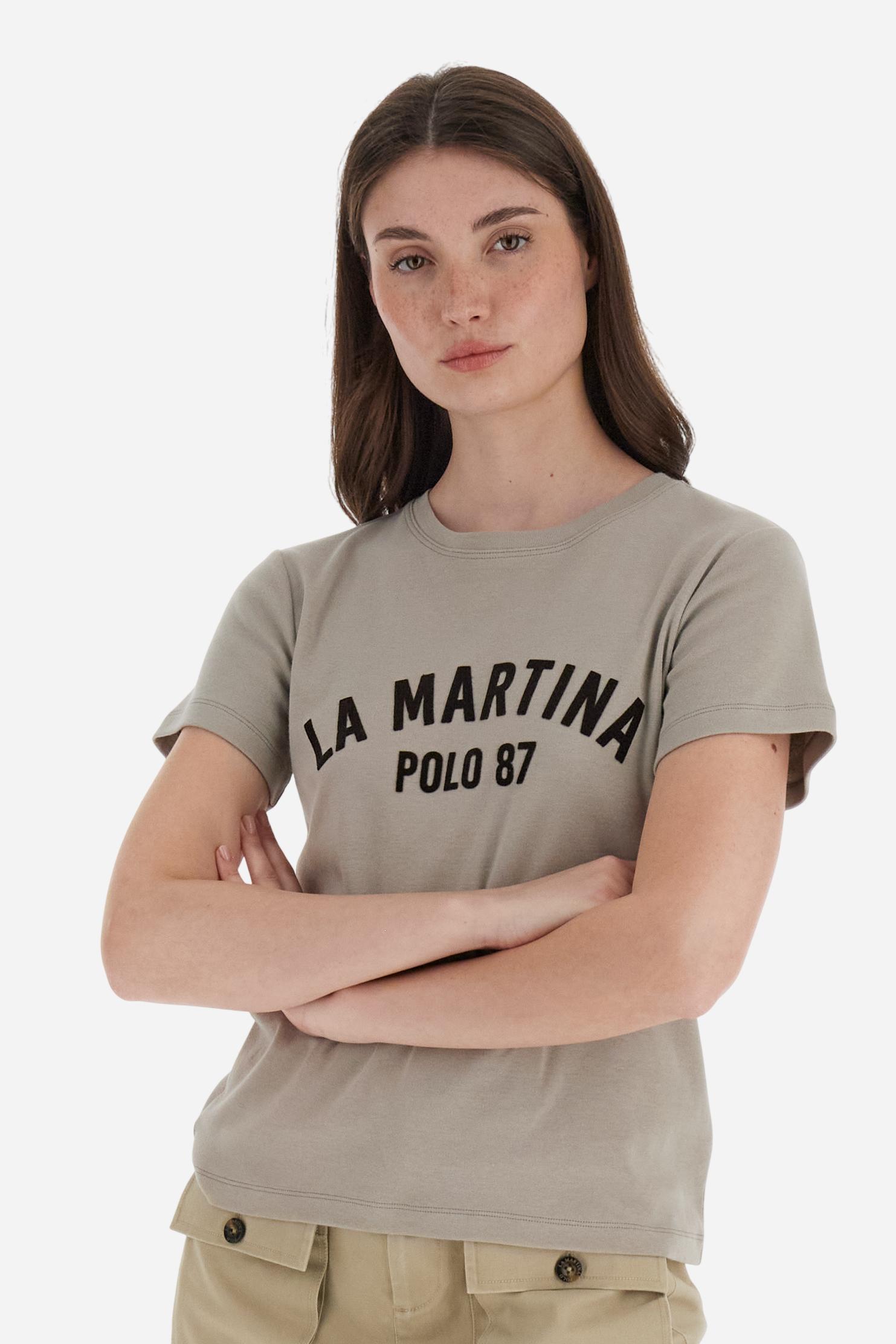 Women’s short-sleeve T-shirt in 100% cotton ribbed jersey. Crew neck model with contrast detail inside the neckline and maxi flock print of the brand logo on the chest in contrast colour. Slim fit. The model wears size 2. - Moon Rock