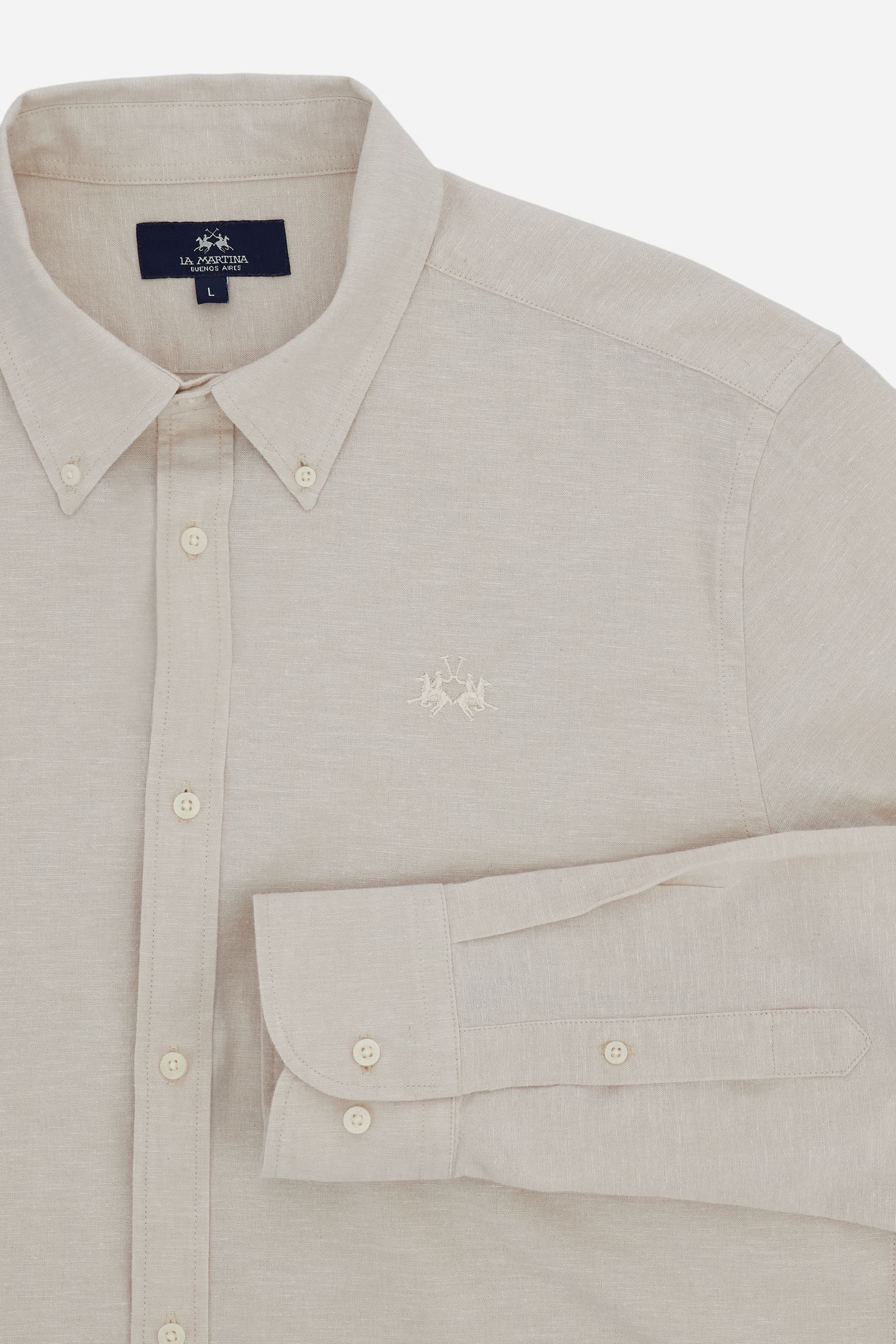 Men’s regular fit cotton and linen shirt with small logo - Rodolfo