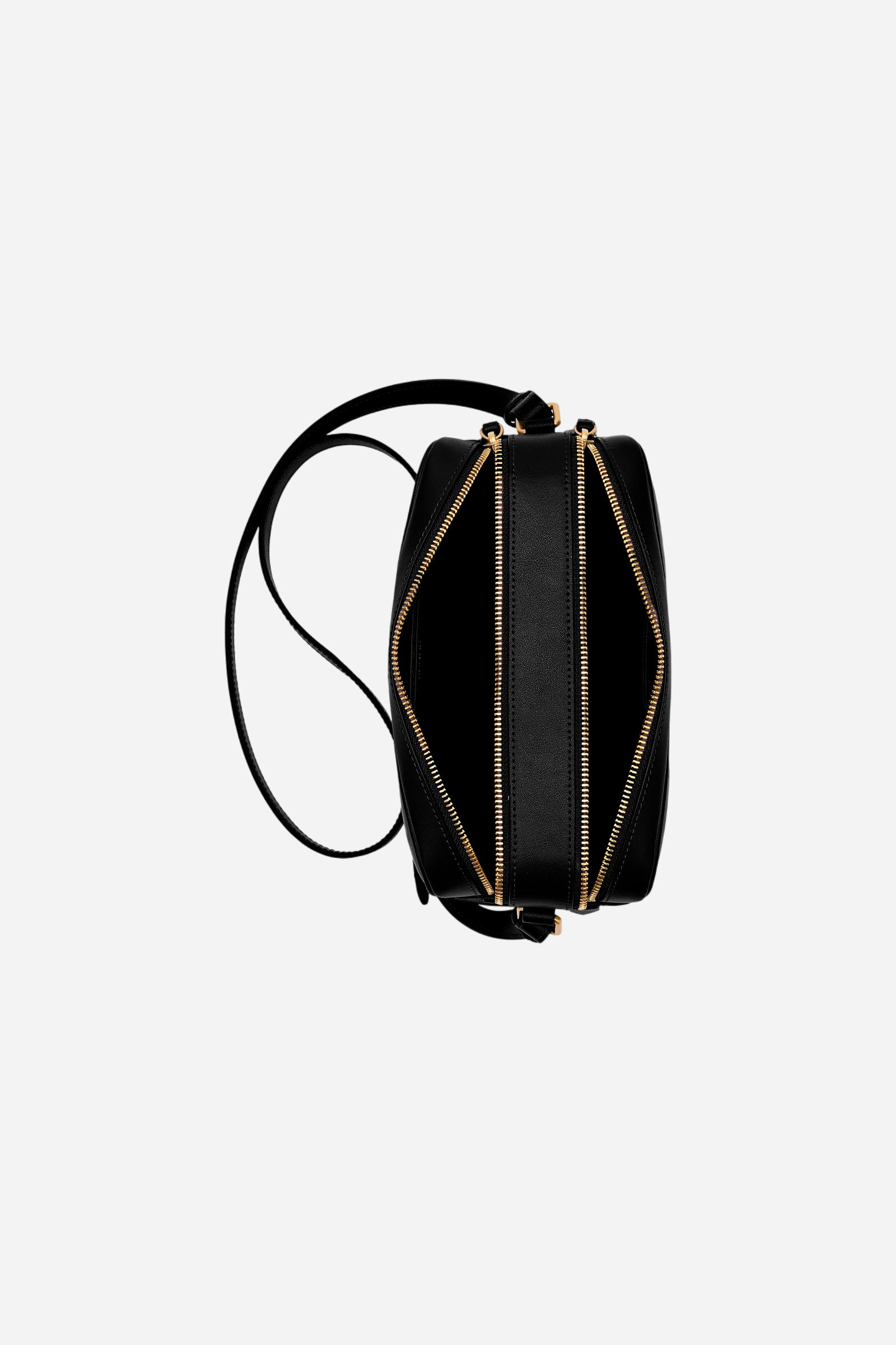 Rectangular crossbody bag in super soft calfskin leather. Essential model with double top zip and golden front tag. - Black