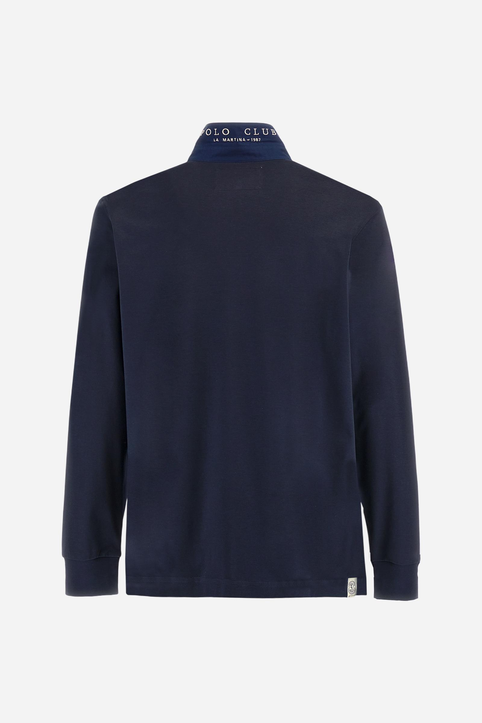 Classic men’s long-sleeve polo in silky 100% cotton jersey, smooth and lightweight to the touch. Three-button placket with contrast details inside the collar. Tone-on-tone ribbed cuffs. Tonal chest print inspired by Polo Club, combined with embroidered undercollar. Discreet logo integrated into the chest graphic. Regular fit. Model wears size L. - Navy