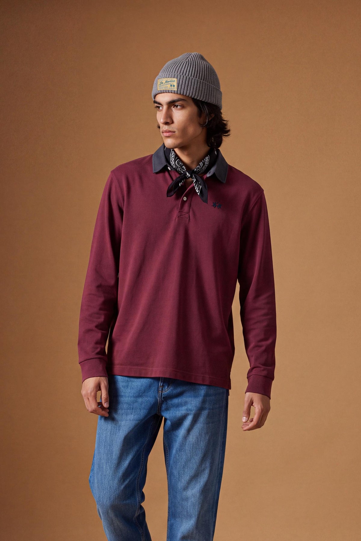 Men's long-sleeve polo made from heavy cotton jersey with ribbed cuffs, contrasting gabardine collar, embroidered logo, and a comfortable regular fit. - Port Royale