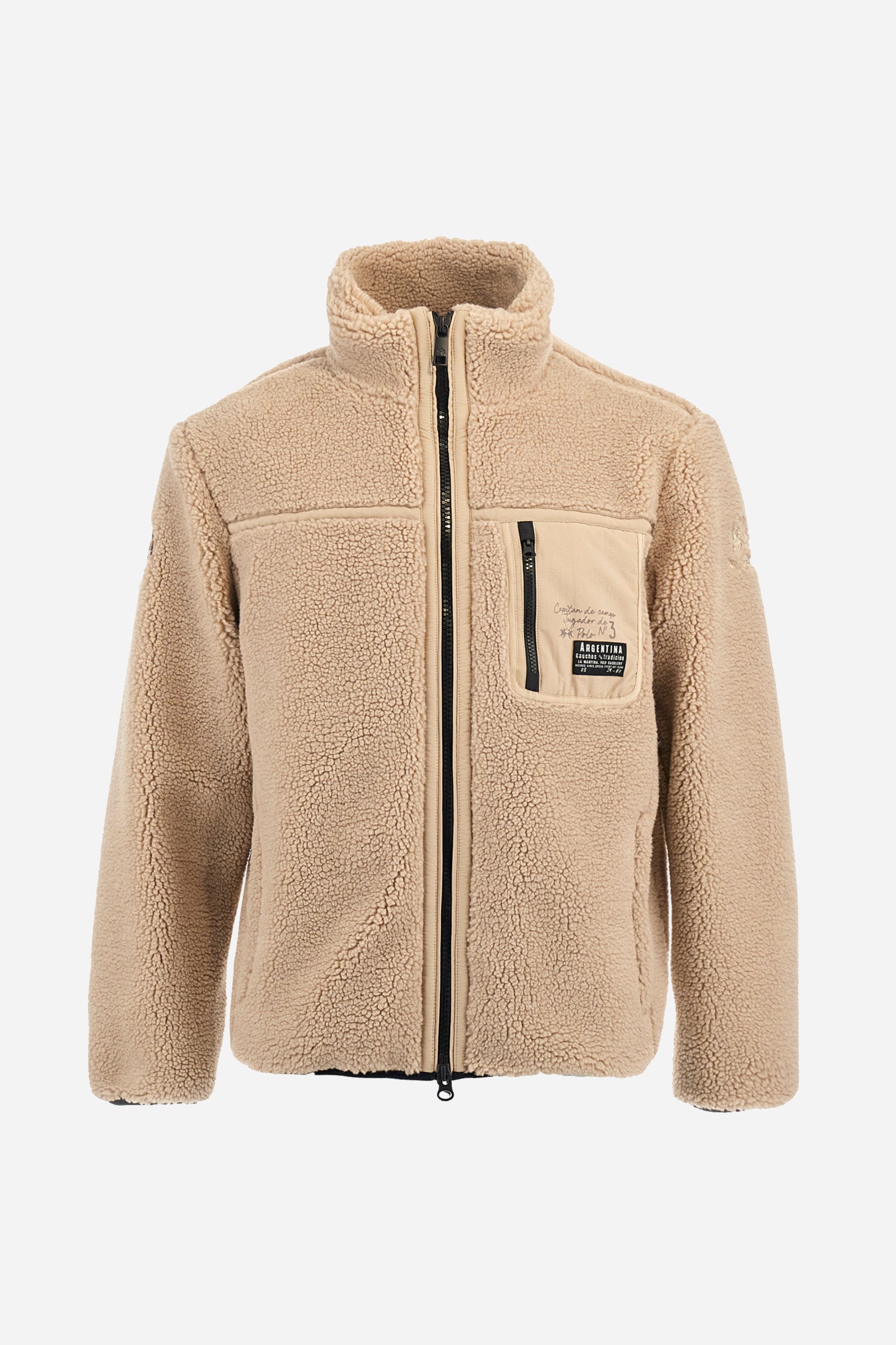 Men’s teddy jacket with high collar and long sleeves. Front zip closure with tone-on-tone details and Jugador de Polo Argentino graphics. - Tidal Foam