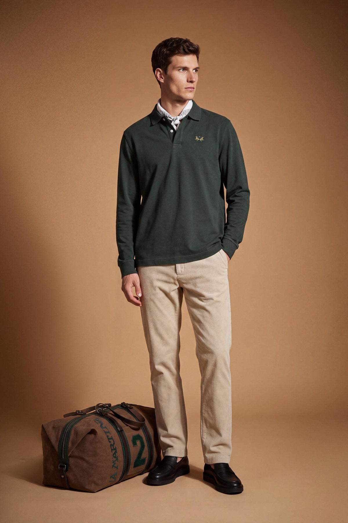 Men’s long-sleeve polo in stretch cotton piqué offers comfort, flexibility, a ribbed collar with contrasting gabardine detail, slim fit, and embroidered logo - Sycamore