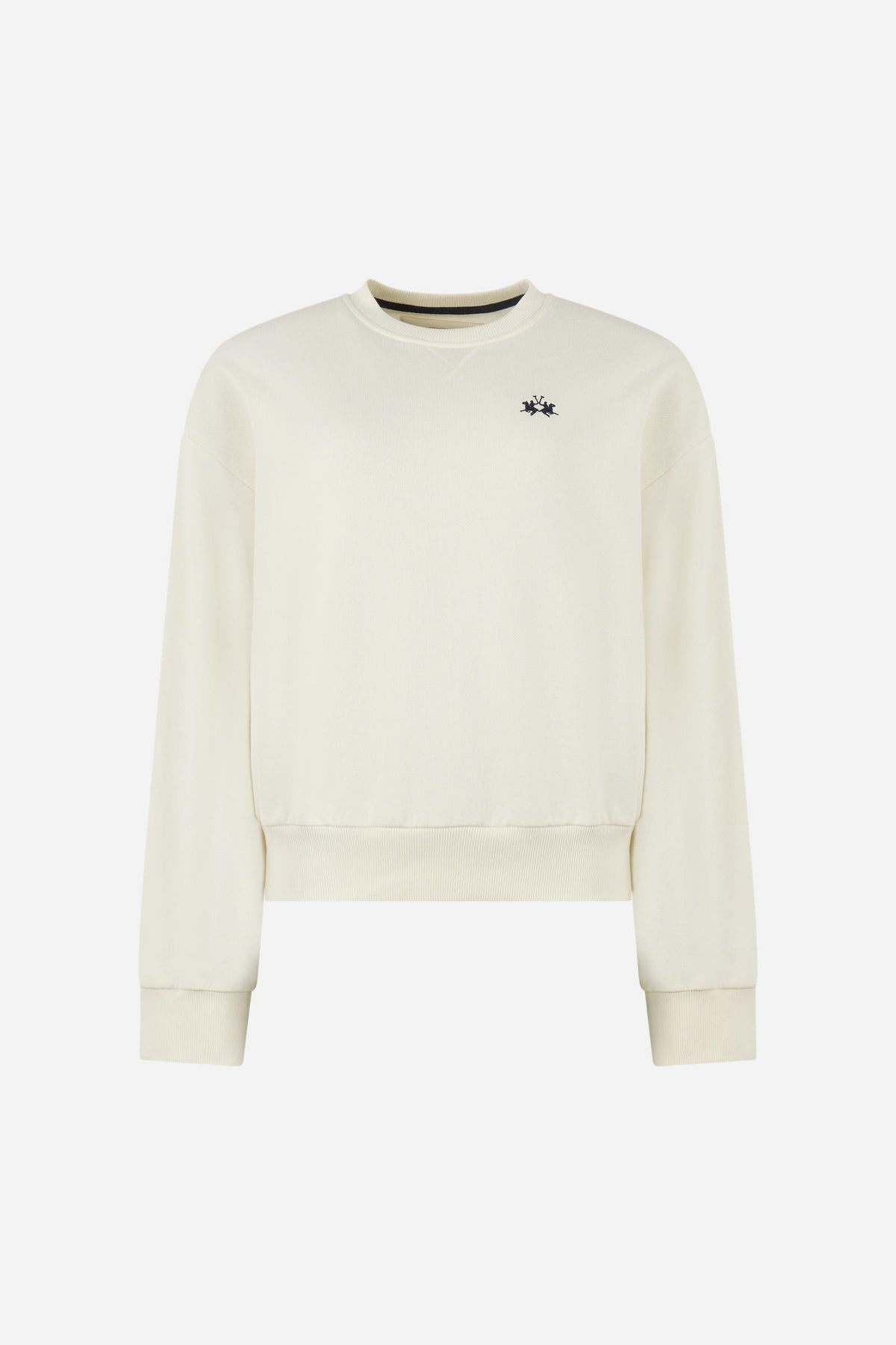 Soft brushed cotton fleece sweatshirt with ribbed crew neck, cuffs, and hem. Comfortable regular fit with contrasting sweatband and subtle embroidered logo. - Pristine