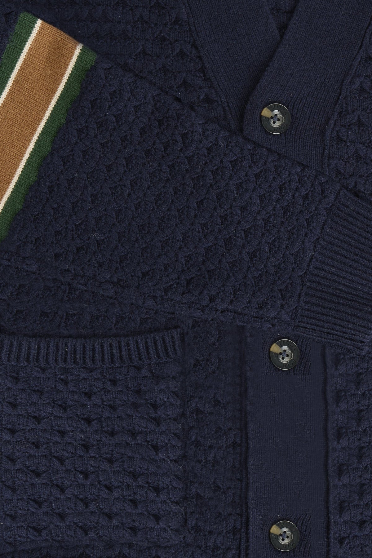Men's long-sleeve cardigan in 50% lambswool blend with 3D knit, large buttons, patch pockets, bold "3" applique, brand embroidery, and relaxed oversized fit. - Navy