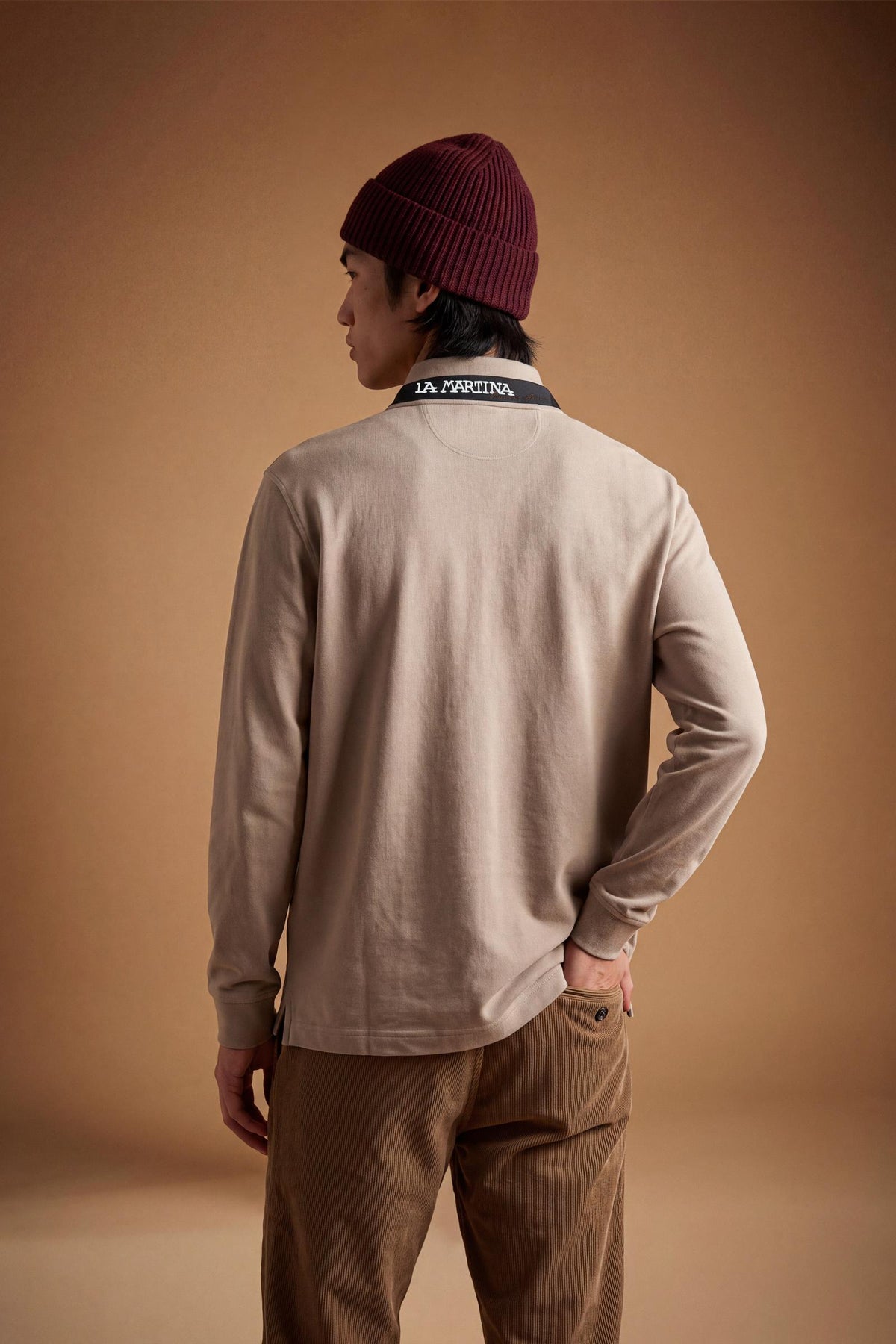 Men’s long-sleeve polo in stretch cotton piqué offers comfort, flexibility, a ribbed collar with contrasting gabardine detail, slim fit, and embroidered logo - Vintage Khaki