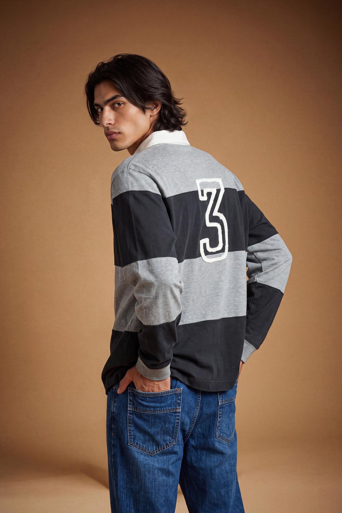 Men's long-sleeve polo made from heavy 100% cotton with a modern fit, dropped shoulders, wide rugby stripes, contrasting gabardine collar, and bold logo details. - M.H.Grey/Navy Blazer
