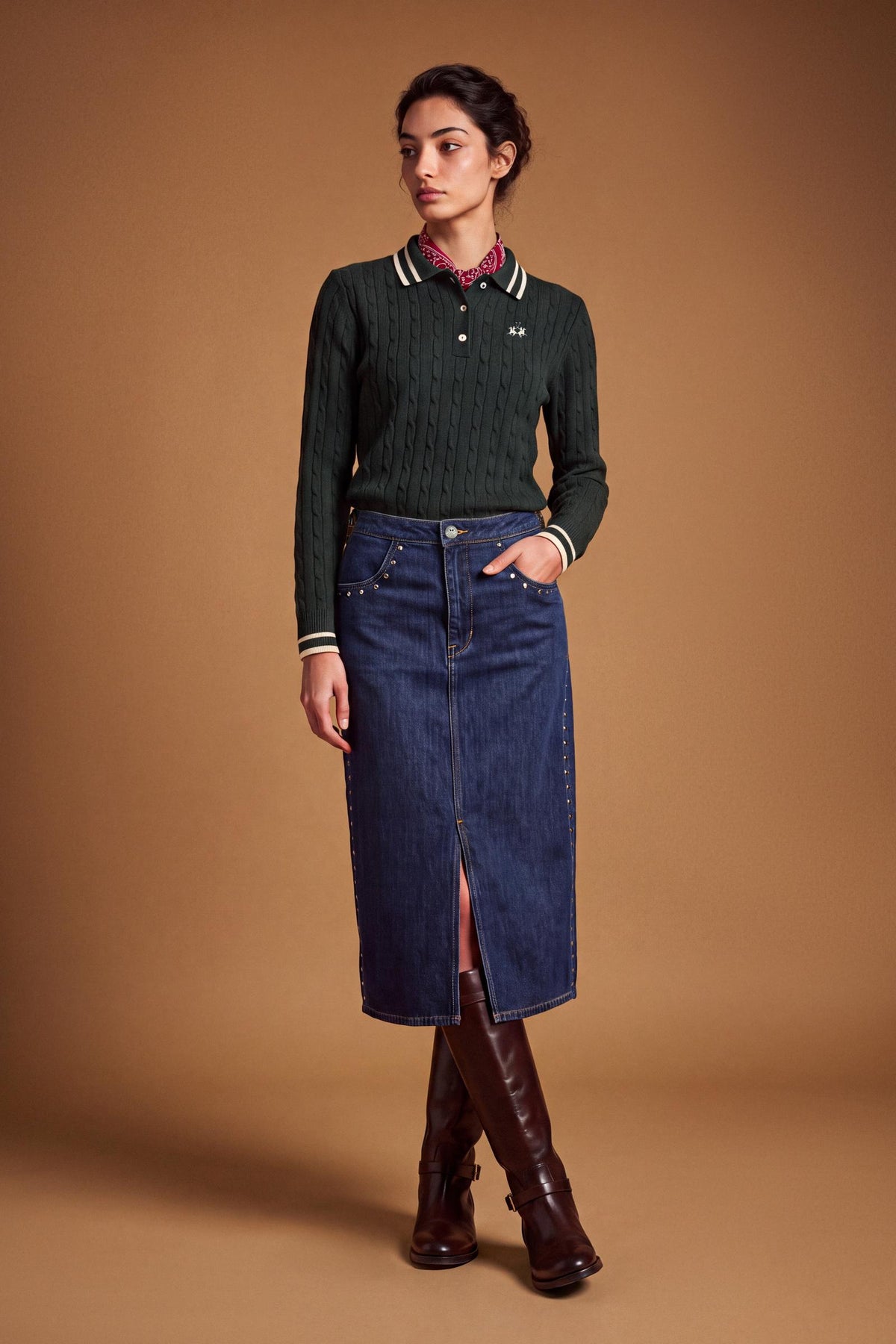 Women's long-sleeve polo in soft lambswool blend, featuring a vertical cable knit, contrast-edged collar, ribbed cuffs, and a slim, comfortable fit. - Scarab