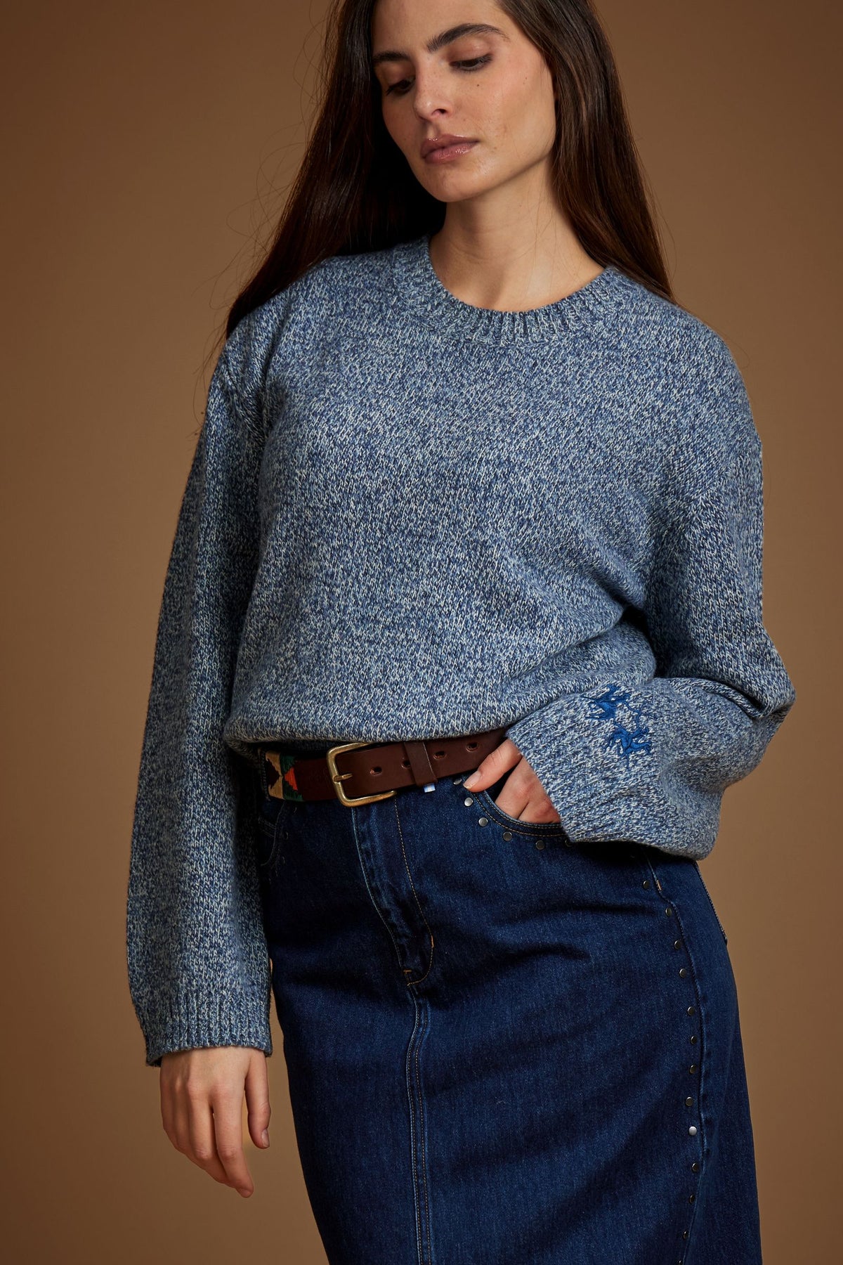 Women's crew neck sweater in melange lambswool blend - Edith