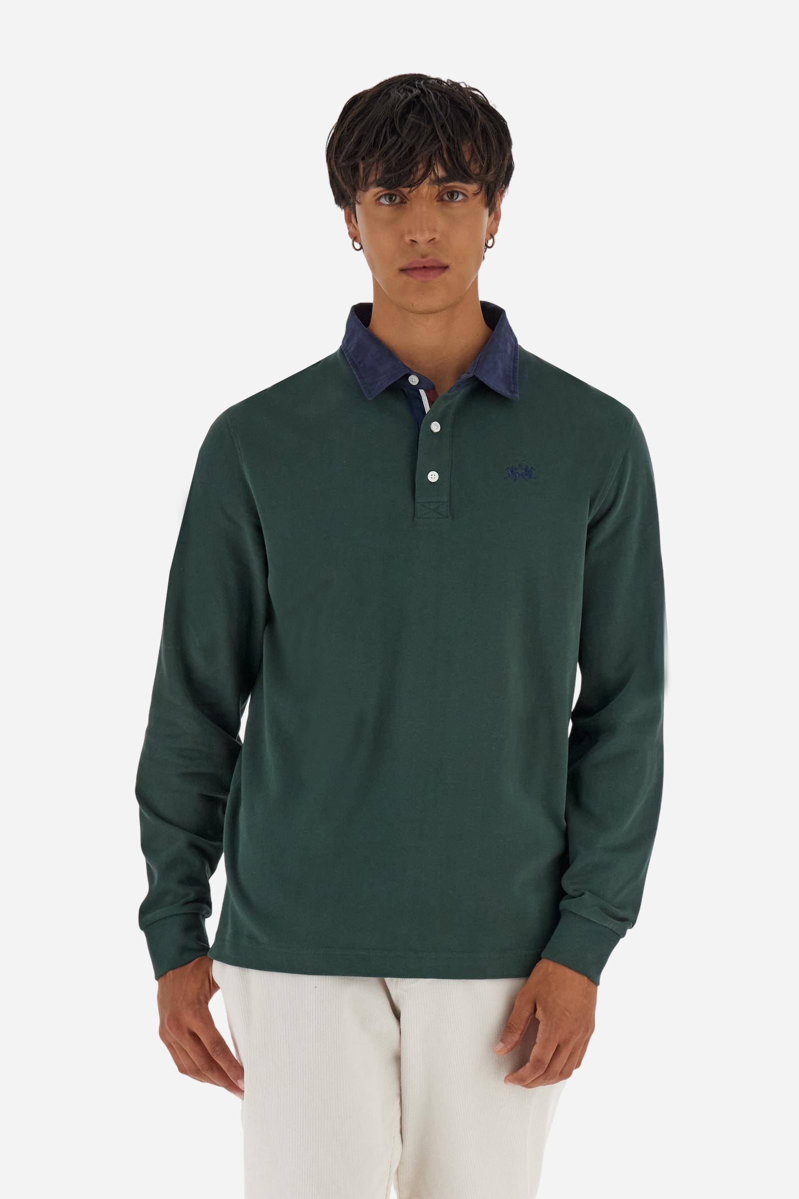 Classic men’s long-sleeve polo in soft-touch 100% cotton jersey. Contrast gabardine collar, three-button placket with multicolor striped tape. Iconic La Martina lettering printed in contrast under the collar. Small contrast logo embroidered on the chest. Regular fit for a balanced silhouette. Model wears size L. - Sycamore