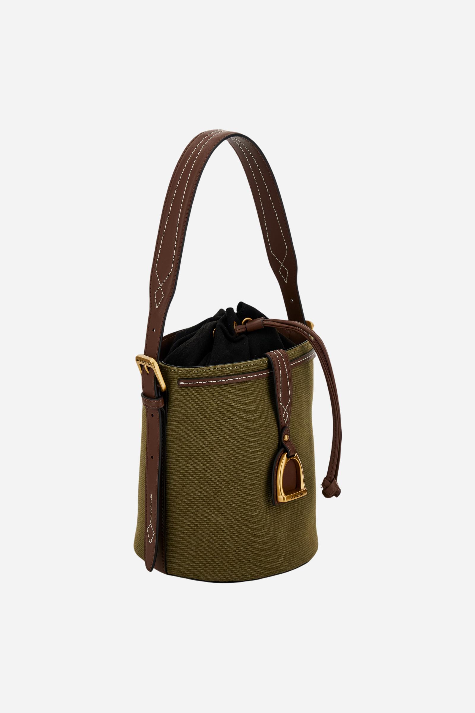 Structured bucket bag in washed canvas with eco-leather contrast details and gold maxi logo buckle on the front. - Brown/Military