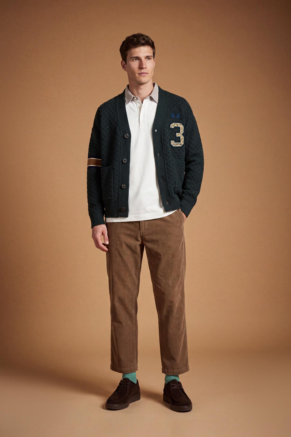 Men's long-sleeve cardigan in 50% lambswool blend with 3D knit, large buttons, patch pockets, bold "3" applique, brand embroidery, and relaxed oversized fit. - Scarab
