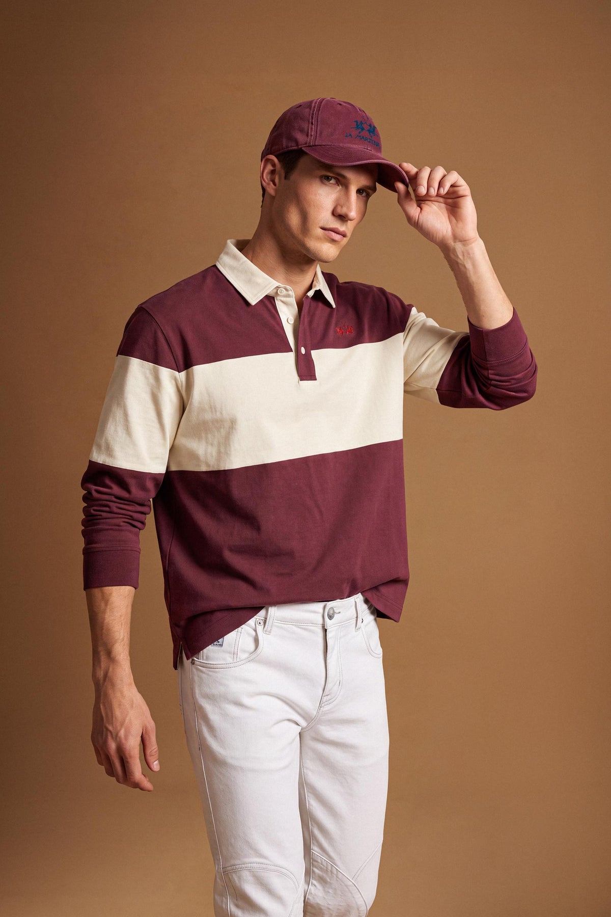 Men's long-sleeve polo in heavy 100% cotton jersey with two-tone collegiate color block, rugby construction, contrasting collar, and embroidered logo for comfor - Port Royale/Pristine