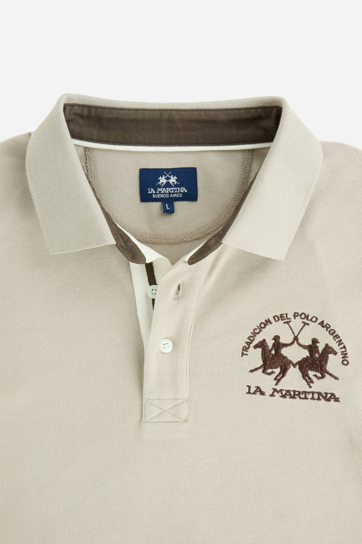 Men's long-sleeve polo in soft cotton jersey with contrasting gabardine collar, ribbed details, multicolor striped placket, and embroidered team logo for comfor - Vintage Khaki