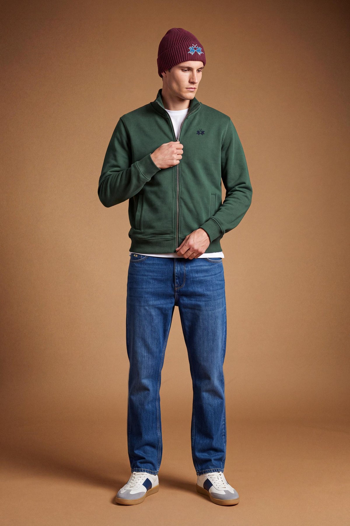 Men's 100% cotton fleece sweatshirt with a high collar, customized zipper, ribbed cuffs and hem, regular fit, and a subtle embroidered logo for comfort and style. - Sycamore