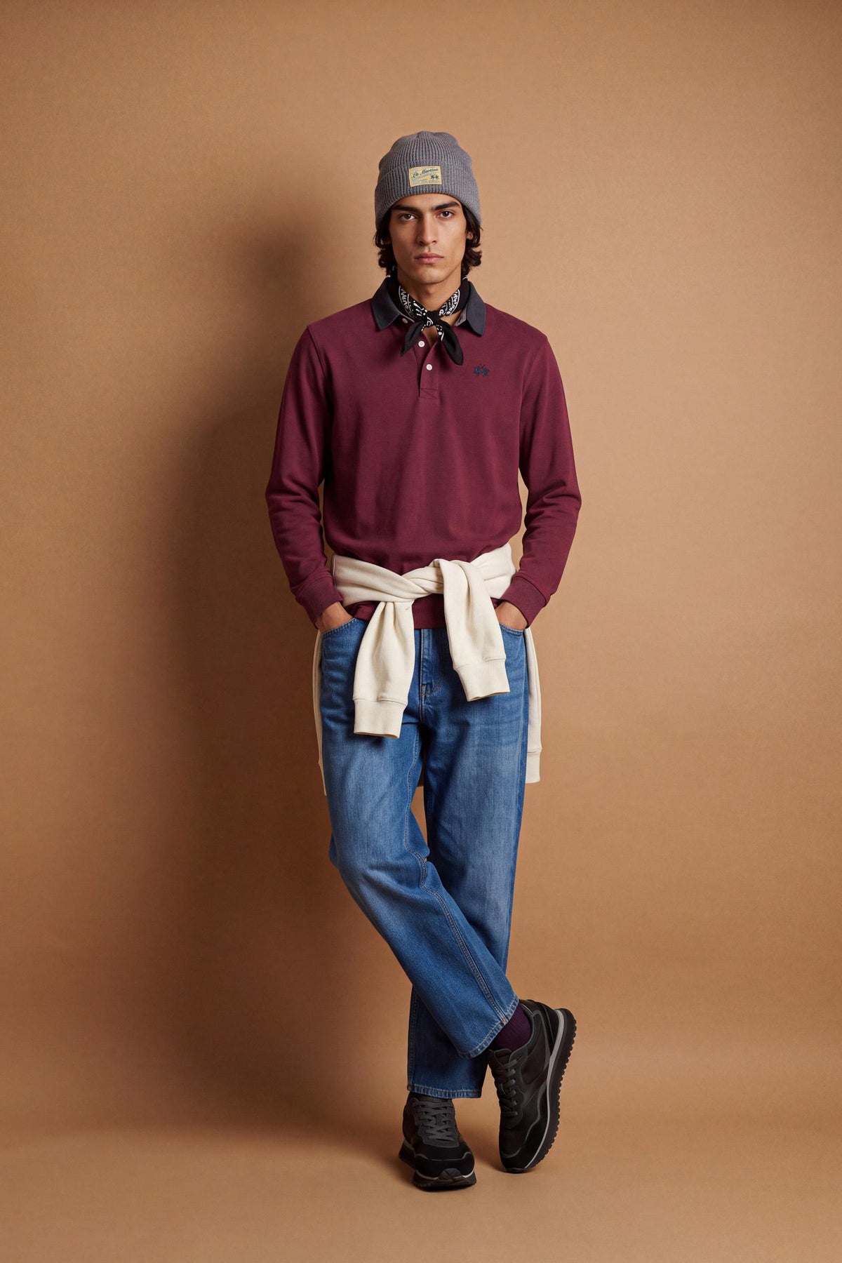 Men's long-sleeve polo made from heavy cotton jersey with ribbed cuffs, contrasting gabardine collar, embroidered logo, and a comfortable regular fit. - Port Royale