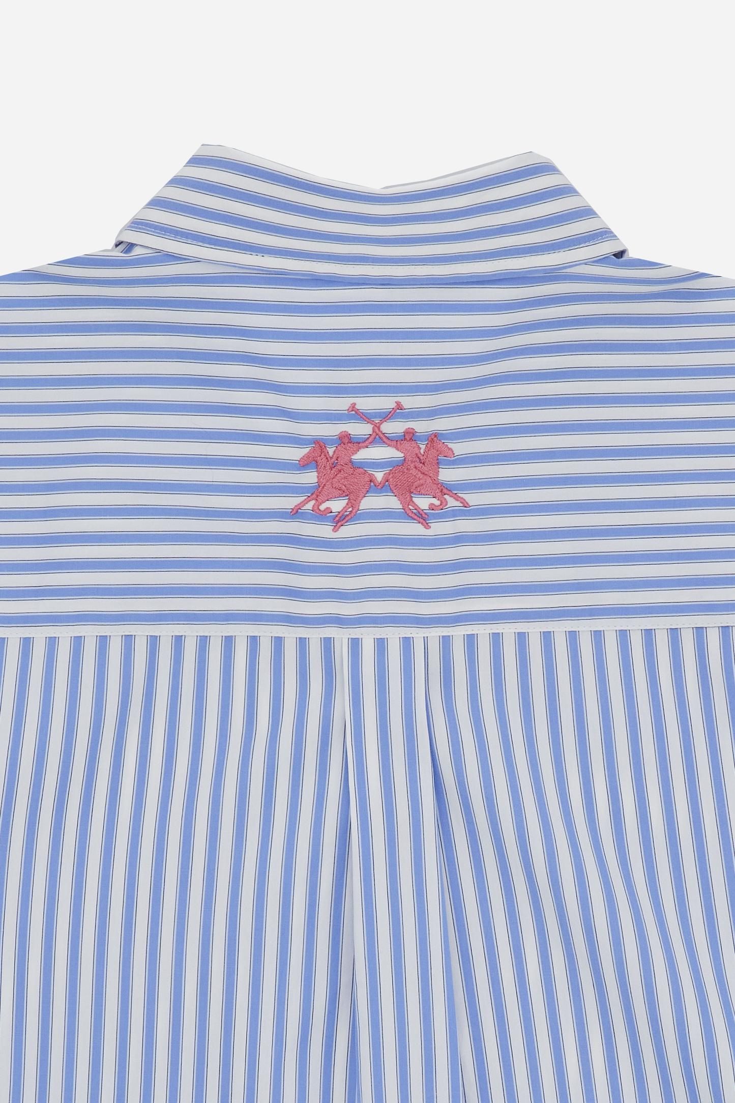 Women’s long-sleeve striped poplin shirt with a relaxed volume and dropped shoulders. Maxi contrasting embroidered logo on the back yoke. - Cornflower Blue/Op.W                                                                                                                                                                                                                                                                                                                                                                
