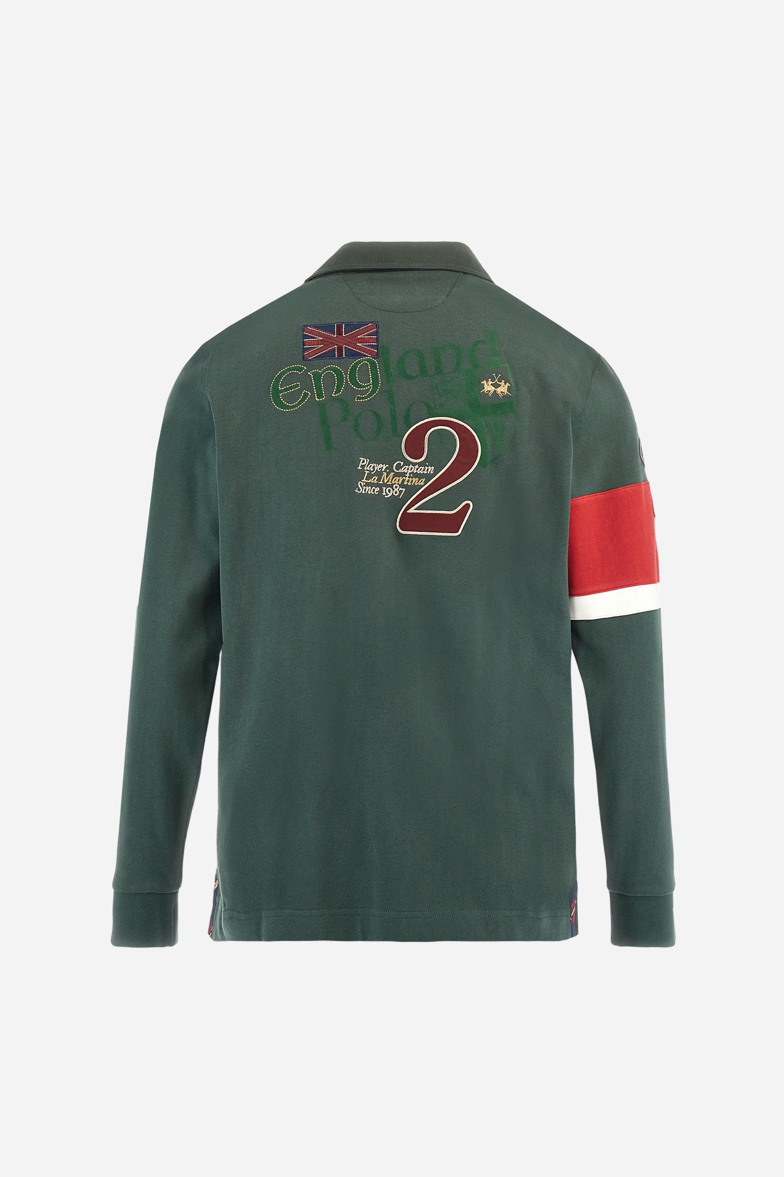Long-sleeve polo shirt in 100% cotton jersey, soft and warm to the touch. Gabardine collar in tone with a contrast placket for a modern look. The English flag is printed under the raised right collar tip. Contrasting fabric bands and a patch with number 2 decorate the right sleeve, evoking polo player uniforms. Multicolor graphics dedicated to the English team and past special events enrich the design, with a large team logo embroidered in two-tone on the chest. Regular fit. Model wears size L. - Sycamore