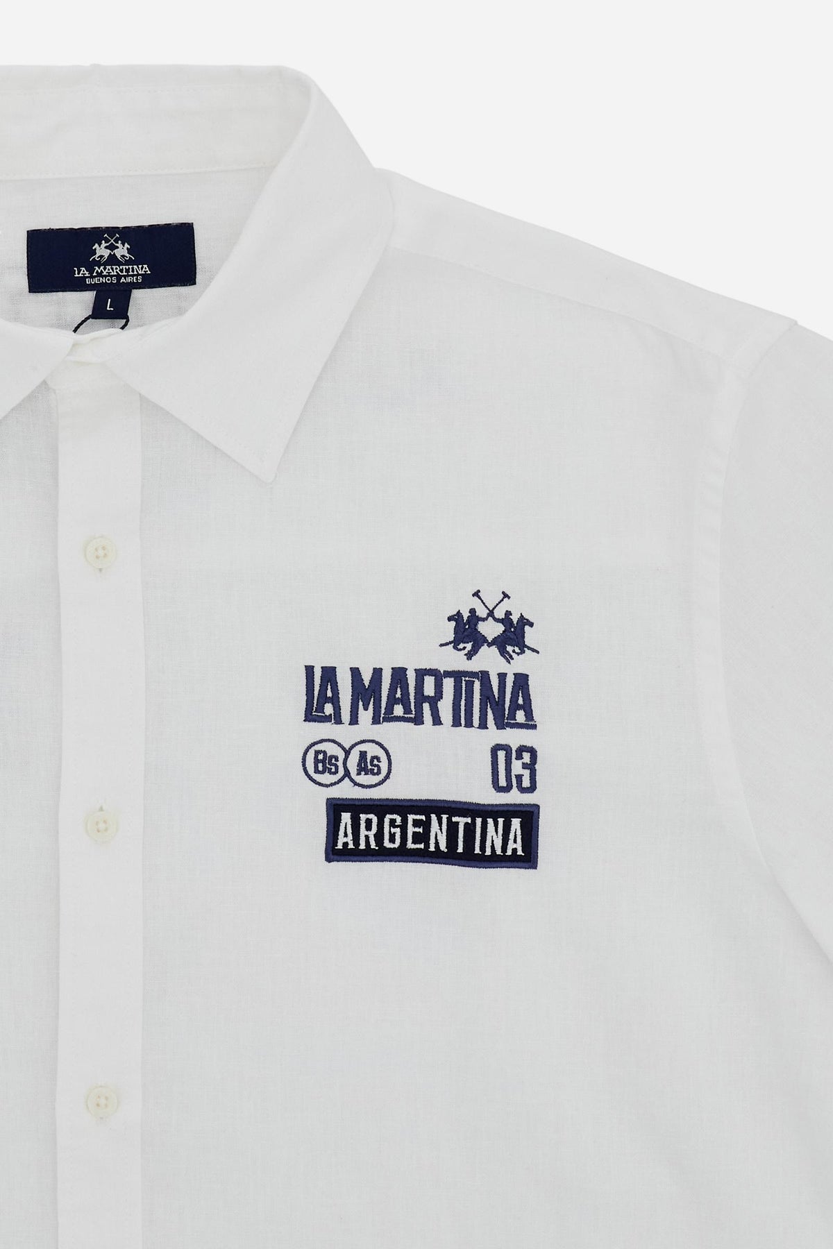 Men’s long-sleeve cotton and linen shirt. Regular fit with strong graphic identity, featuring prints and embroidery inspired by the Polo Team Argentina. - Optic White