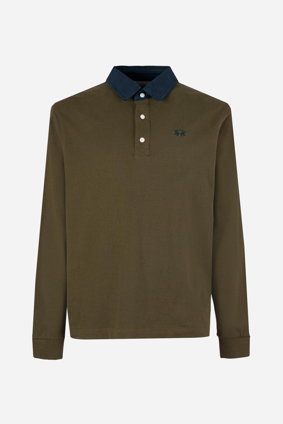 Men's long-sleeve polo made from heavy cotton jersey with ribbed cuffs, contrasting gabardine collar, embroidered logo, and a comfortable regular fit. - Hot Fudge