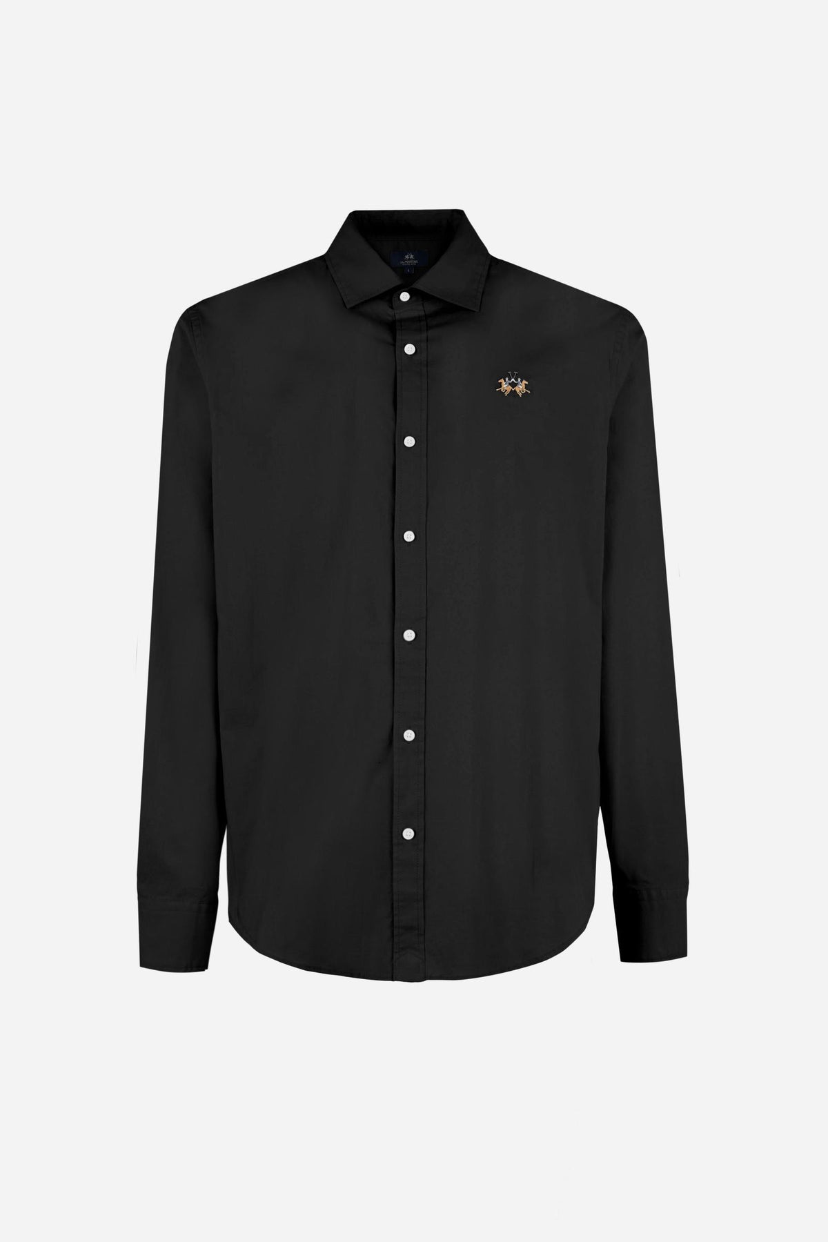 Men's long-sleeve 100% cotton poplin shirt with regular fit, French collar, custom buttons, single-button cuff, and Argentina Edition labels for a refined look. - Black