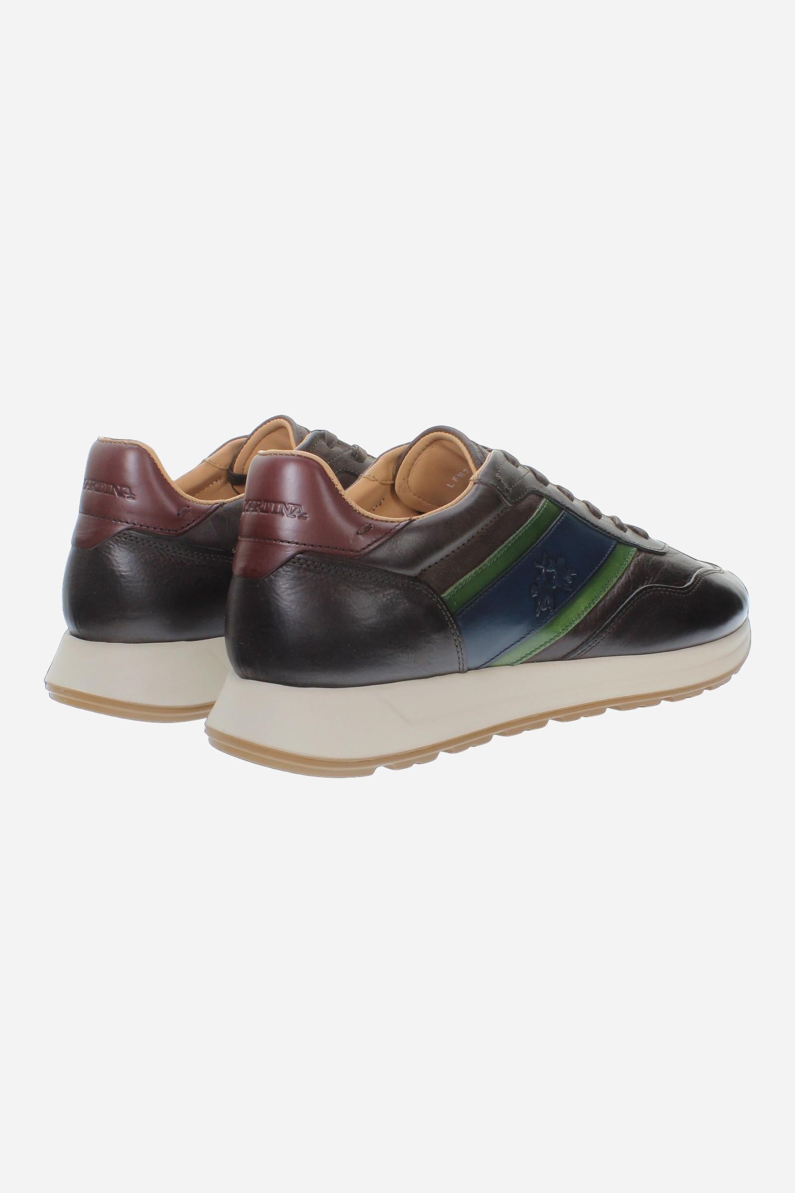 Men's sneaker combining calf and vegetable-tanned leather with artisanal stitching, branded logo, and high-cushioning rubber PU sole for lasting comfort and style. - Dark Brown
