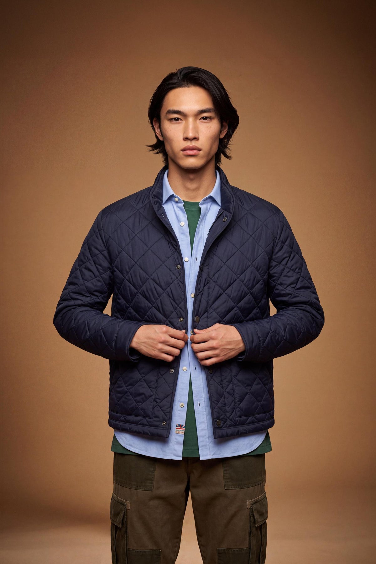Men's quilted nylon jacket with polyamide lining and polyester padding for lightweight warmth, high collar, zip and snap closure, patch pockets, and a clean, regular fit. - Navy Blazer