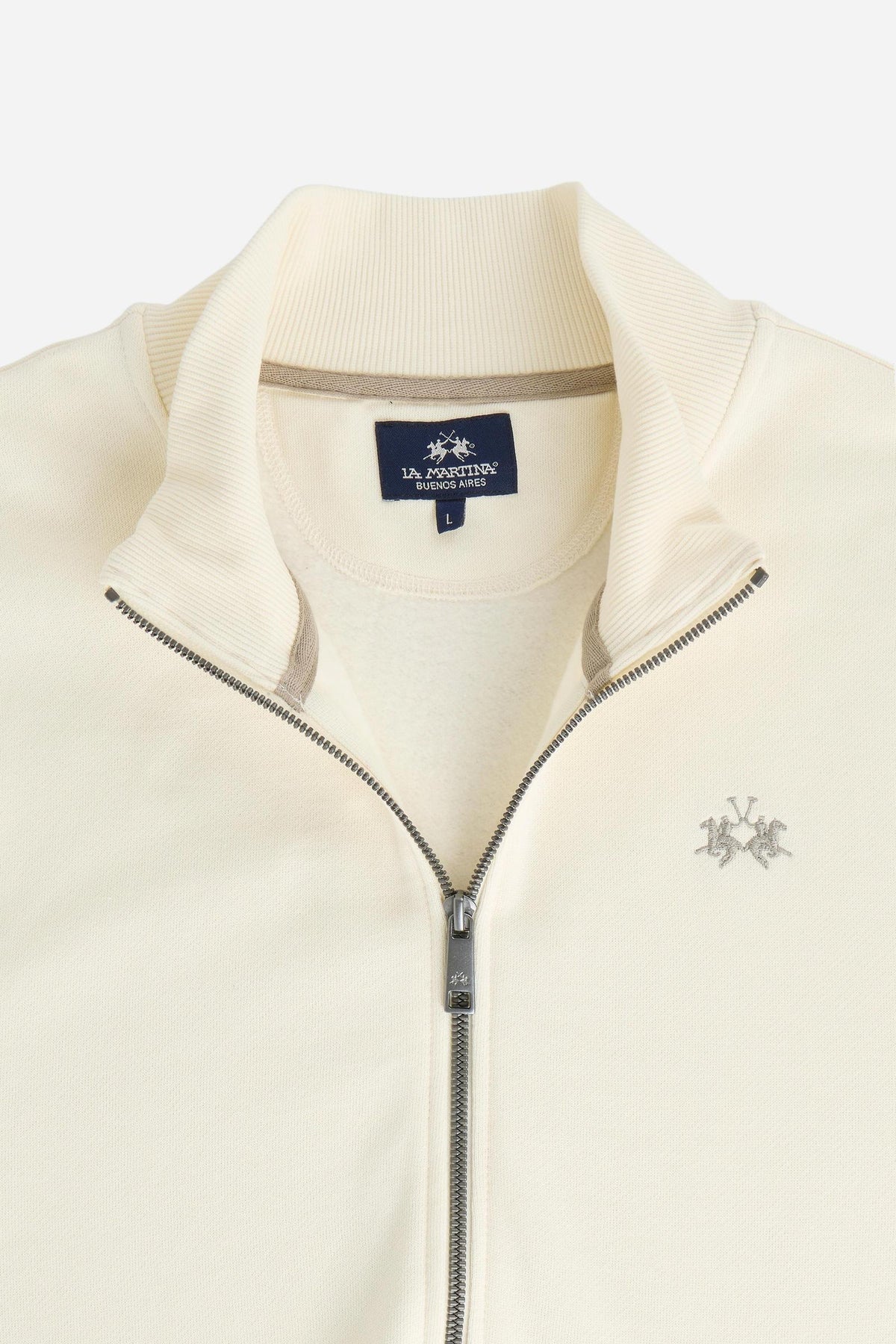 Men's 100% cotton fleece sweatshirt with a high collar, customized zipper, ribbed cuffs and hem, regular fit, and a subtle embroidered logo for comfort and style. - Pristine