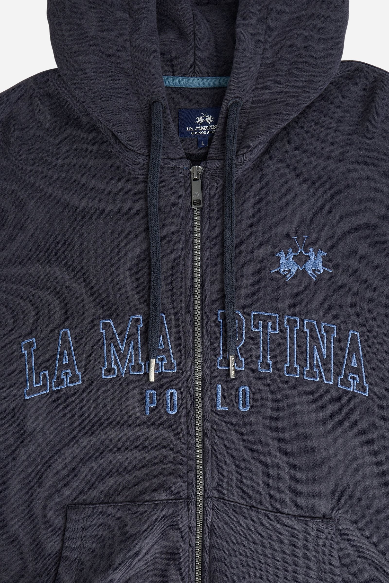 Men’s long-sleeve sweatshirt in soft 100% brushed cotton, featuring a personalized zipper, adjustable hood, kangaroo pockets, ribbed cuffs, and bold embroidery. - Navy Blazer