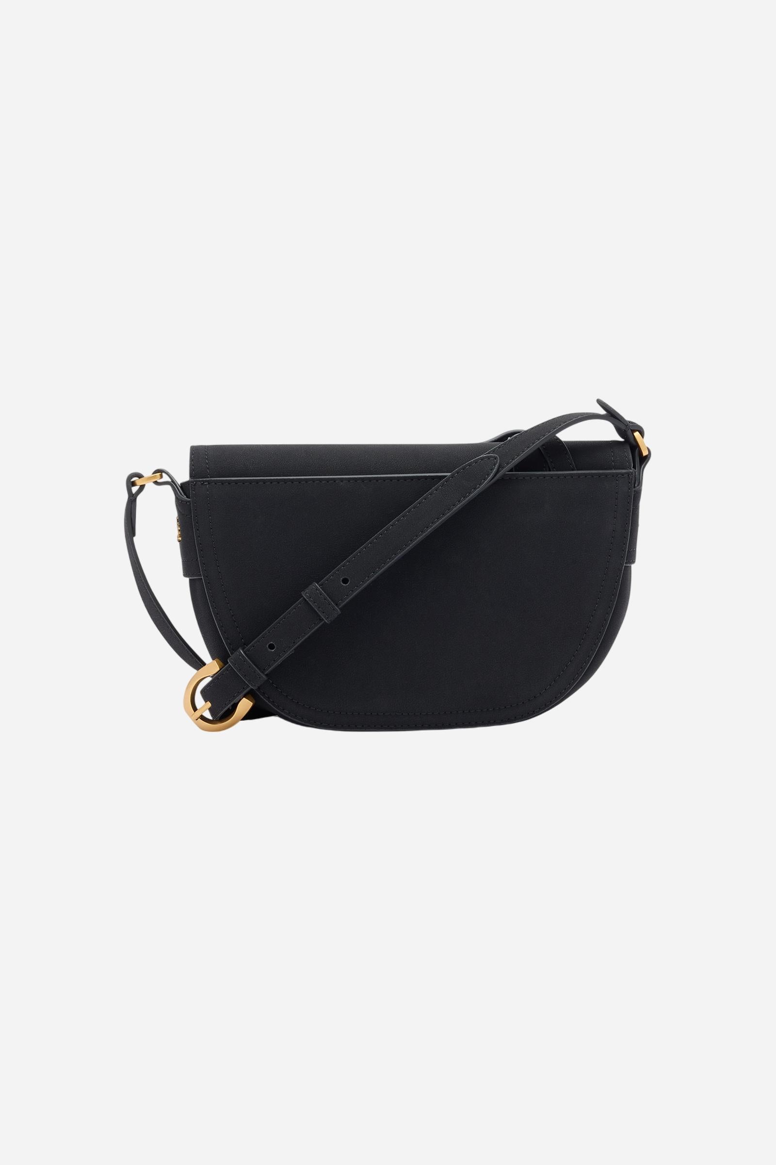 Crossbody bag in nubuck with velvety texture. Structured shape with flap and golden metal logo buckle. - Black