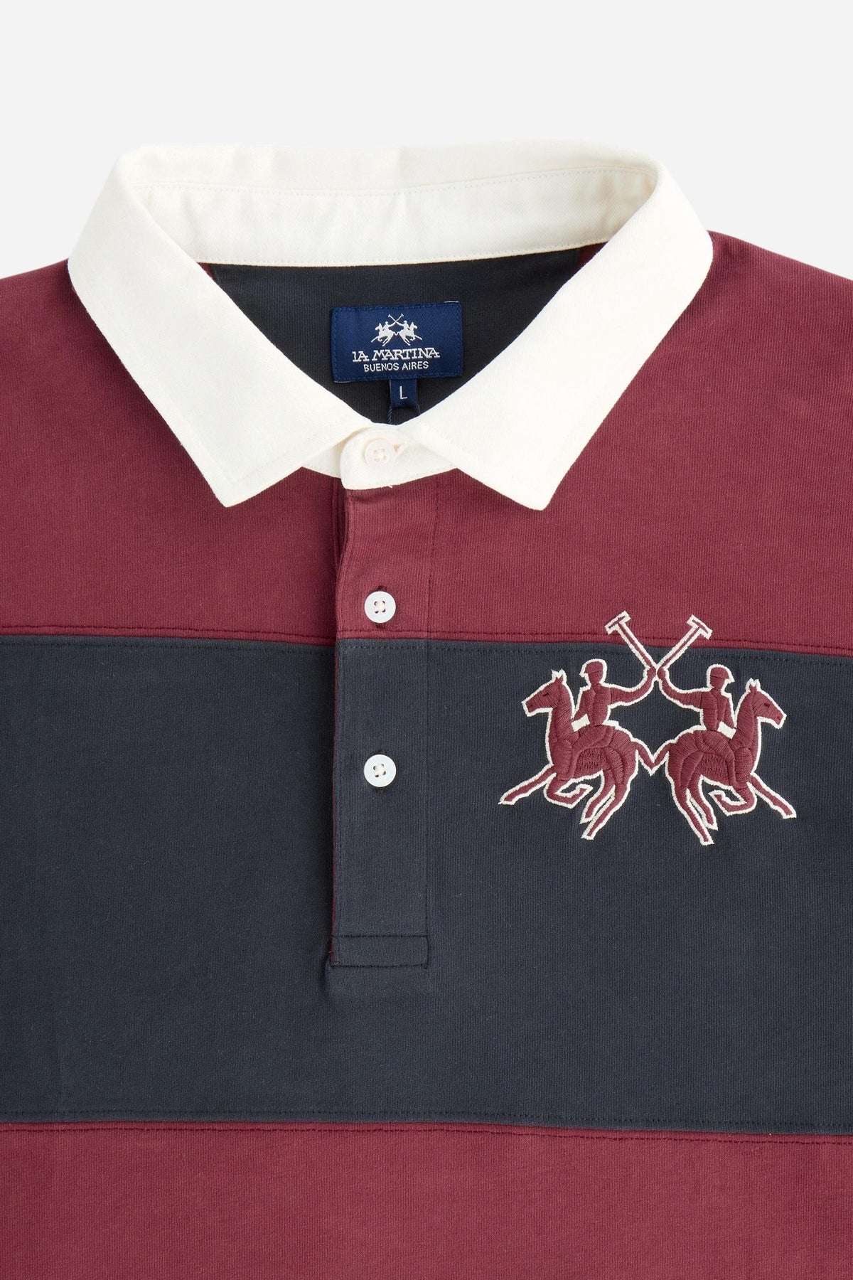 Men's long-sleeve polo made from heavy 100% cotton with a modern fit, dropped shoulders, wide rugby stripes, contrasting gabardine collar, and bold logo details. - Port Royale/Navy Bla