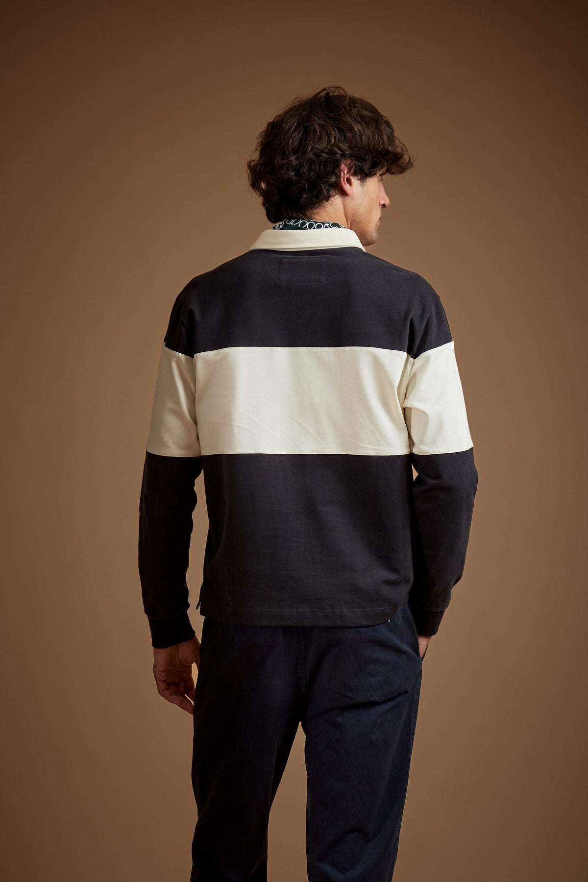 Men's rugby polo, heavy cotton jersey with large stripe - Dion
