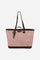 Shopping bag in linen-effect canvas with synthetic leather details and gold floral studs, roomy and elegant. - Rose/Brown                                                                                                                                                                                                                                                                                                                                                                                                       