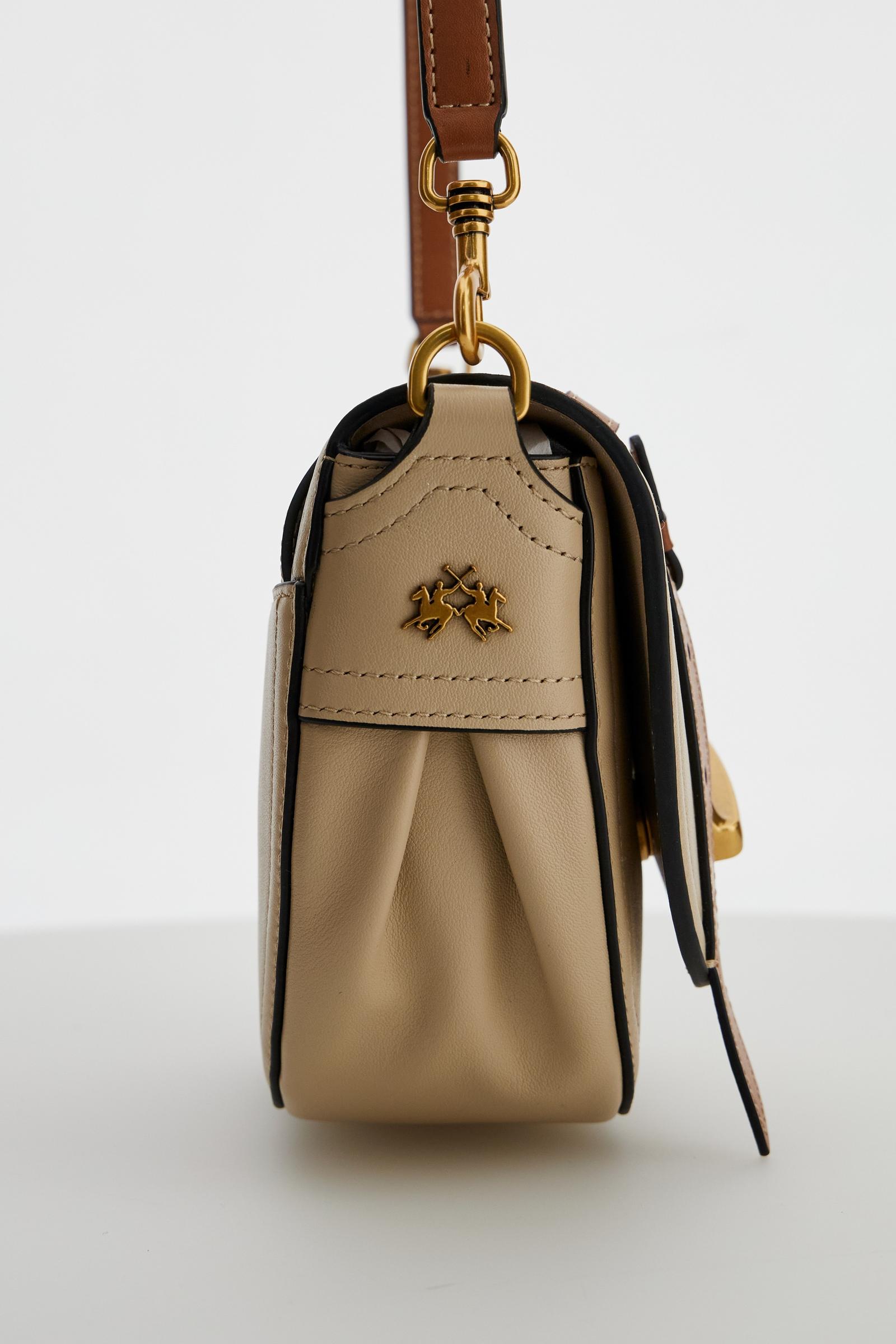 Small half-moon bag in full-grain leather with leather trim, saddle flap and gold maxi stirrup buckle with engraved logo. - Neutral/Cuoio