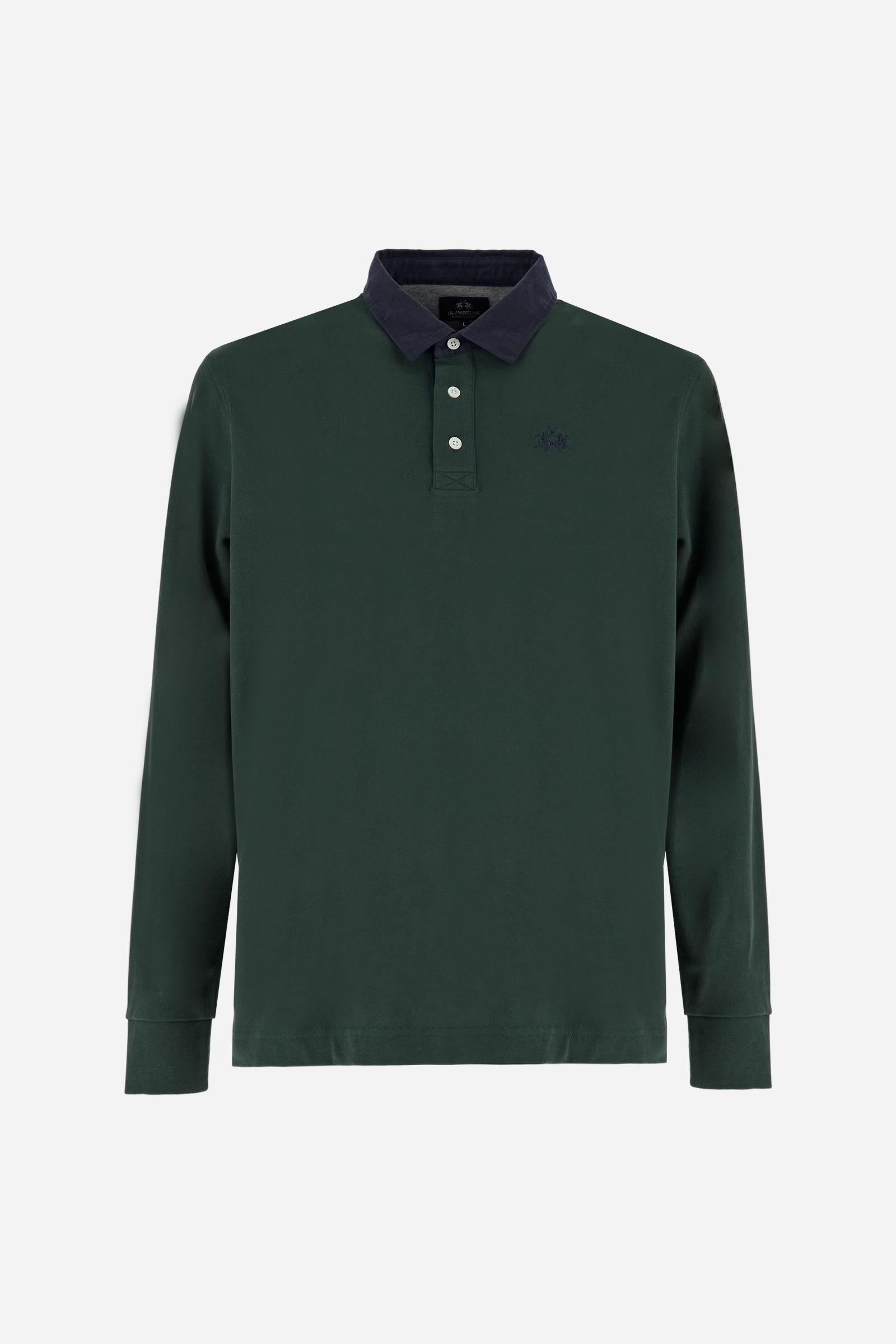 Classic men’s long-sleeve polo in soft-touch 100% cotton jersey. Contrast gabardine collar, three-button placket with multicolor striped tape. Iconic La Martina lettering printed in contrast under the collar. Small contrast logo embroidered on the chest. Regular fit for a balanced silhouette. Model wears size L. - Sycamore