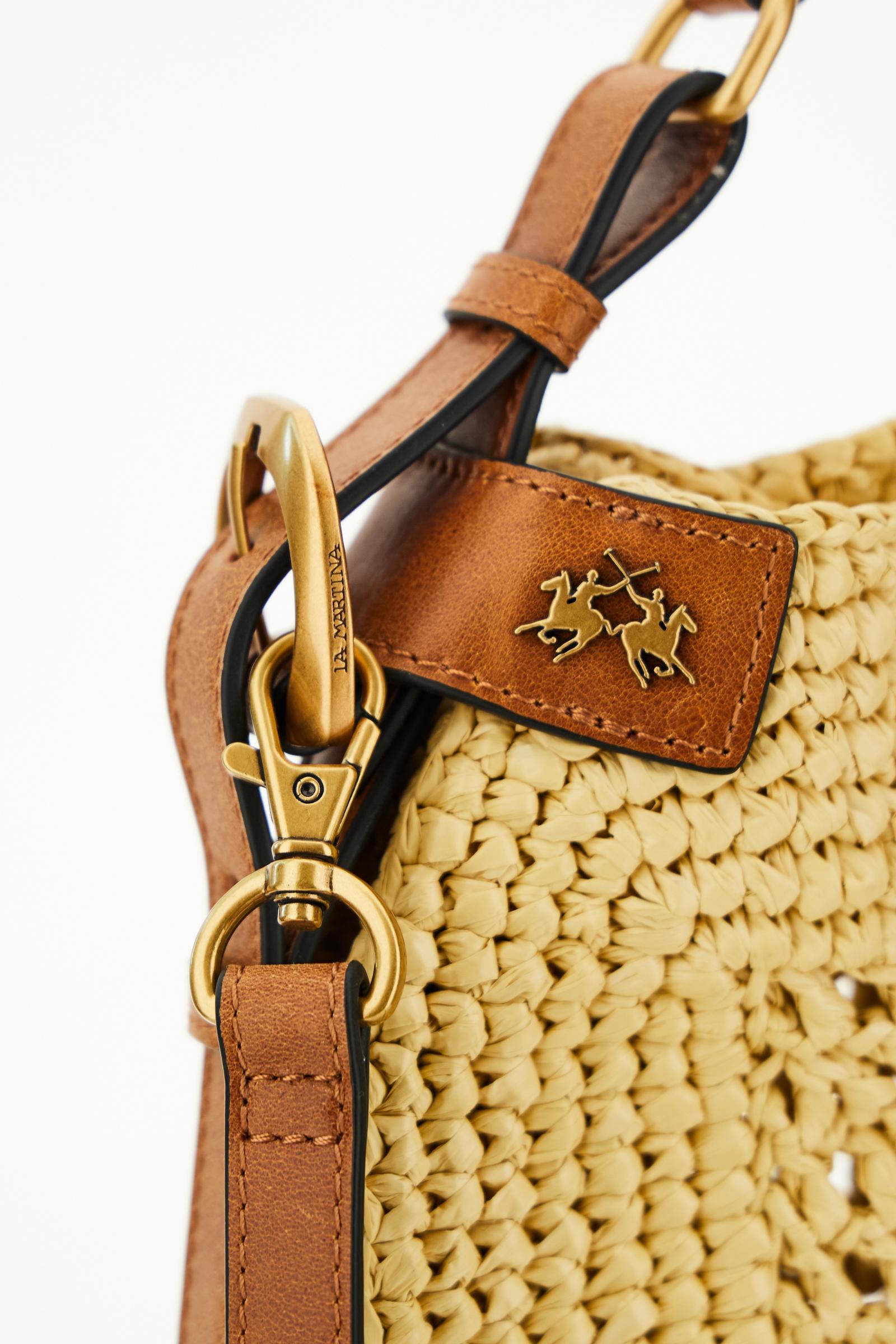 Shoulder bag in natural woven raffia with leather details, openwork texture, flap closure, adjustable strap, and lightweight cotton lining for stylish, versatil - Neutral/Cuoio