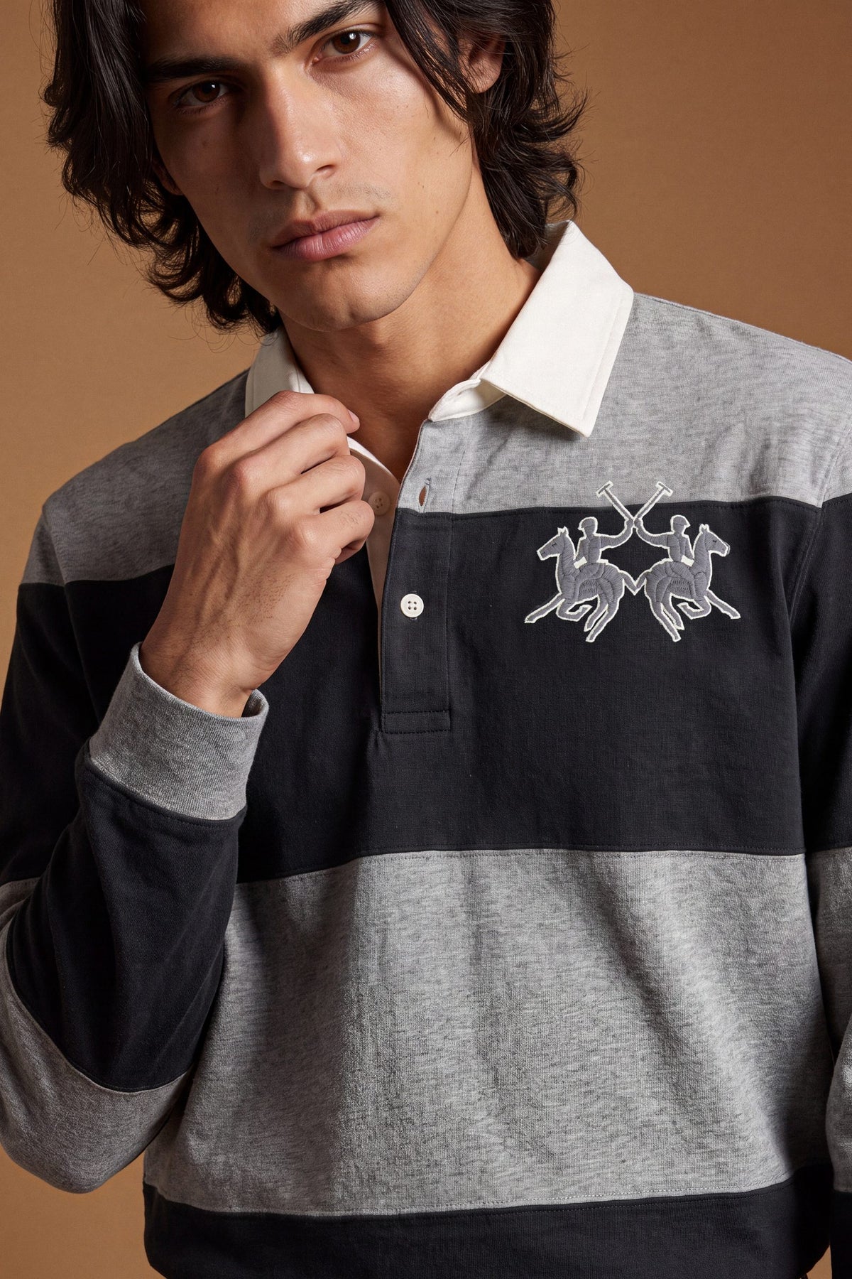Men's long-sleeve polo made from heavy 100% cotton with a modern fit, dropped shoulders, wide rugby stripes, contrasting gabardine collar, and bold logo details. - M.H.Grey/Navy Blazer