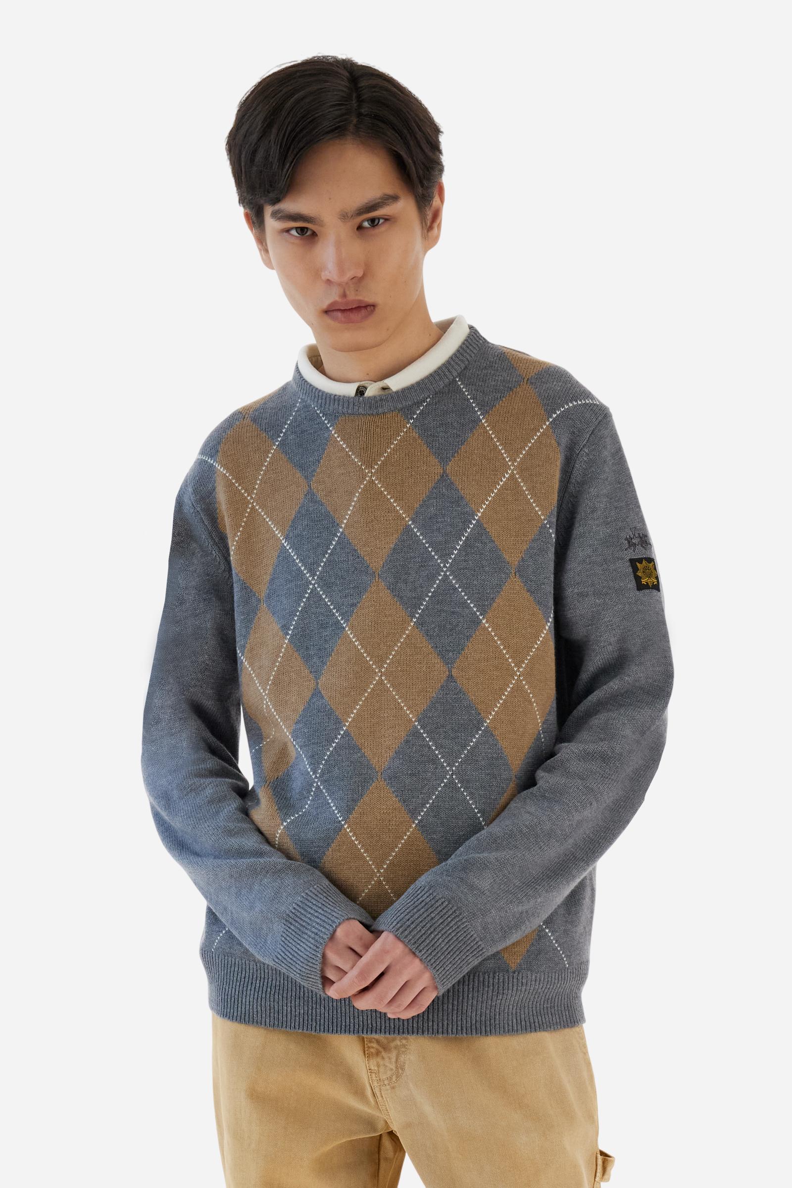 Pull homme col rond à losanges en mélange de cachemire - Boni