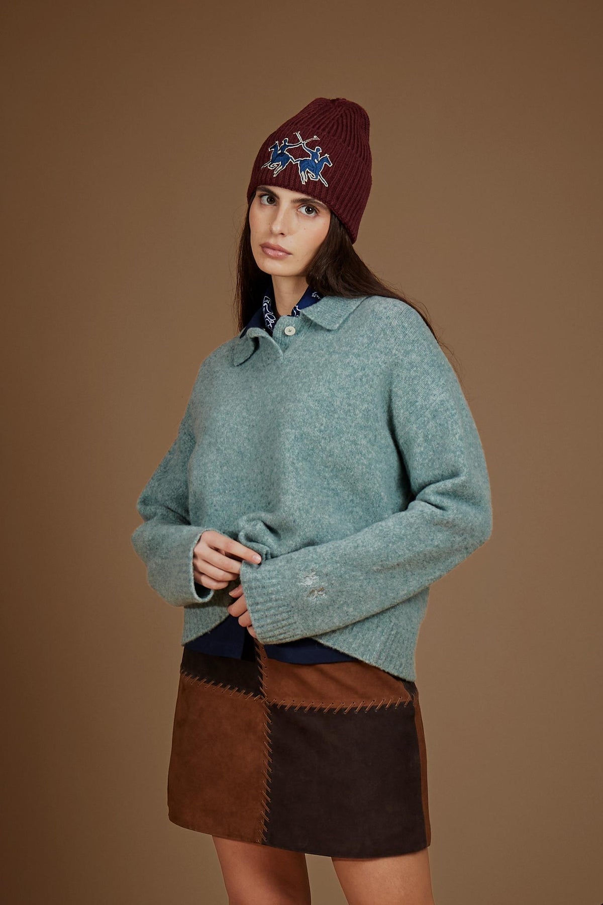 Women's cropped polo in lambswool knit - Elvira