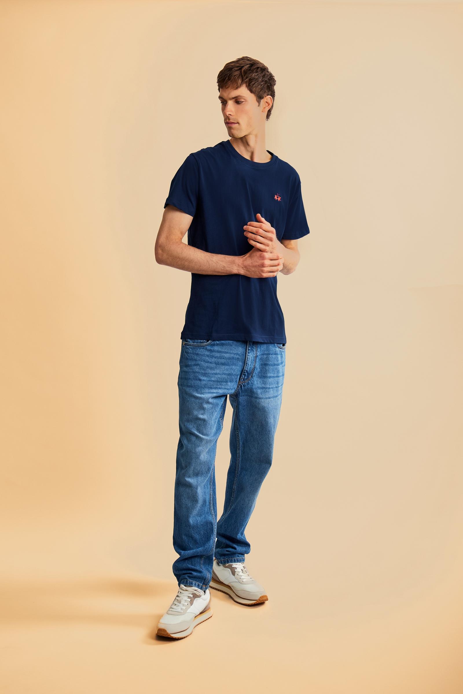 Men's short-sleeved crew-neck T-shirt in solid color with embroidered logo. Made of 100% cotton, perfect for a casual and trendy look with shorts or trousers. - Navy                                                                                                                                                                                                                                                                                                                                                           