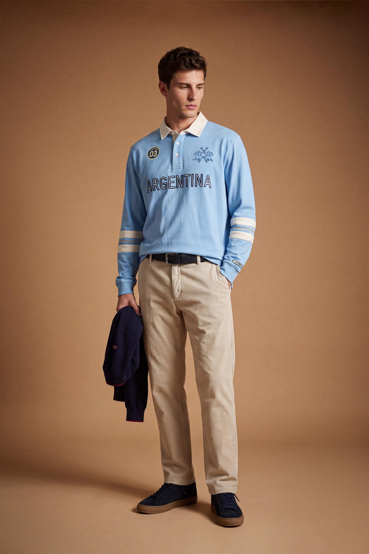 Men's long-sleeve polo in 100% high-weight cotton jersey with a contrasting gabardine collar, embroidered details, and a relaxed, contemporary fit for durable comfort. - Glacier Lake
