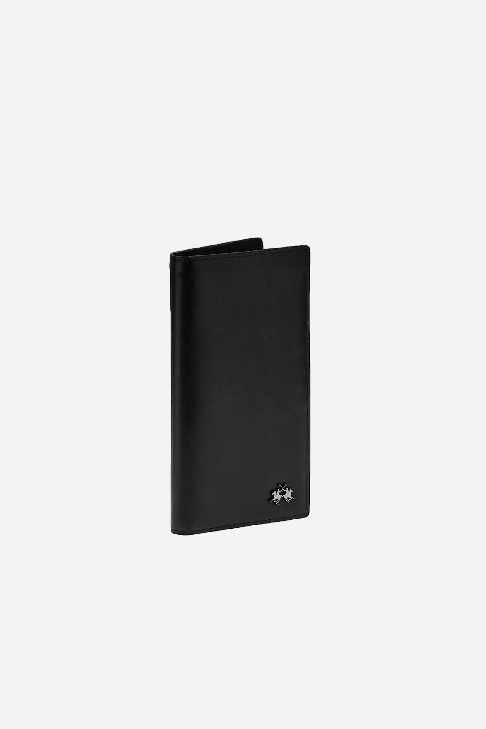 Vertical men’s wallet in calfskin leather. Slim and refined design with small metal logo on the front. - Black