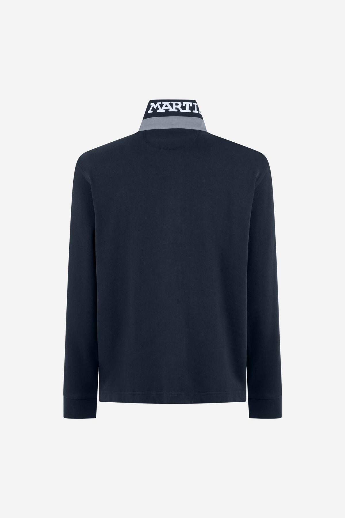Men's long-sleeve polo in soft cotton jersey with contrasting gabardine collar, ribbed details, multicolor striped placket, and embroidered team logo for comfor - Navy Blazer