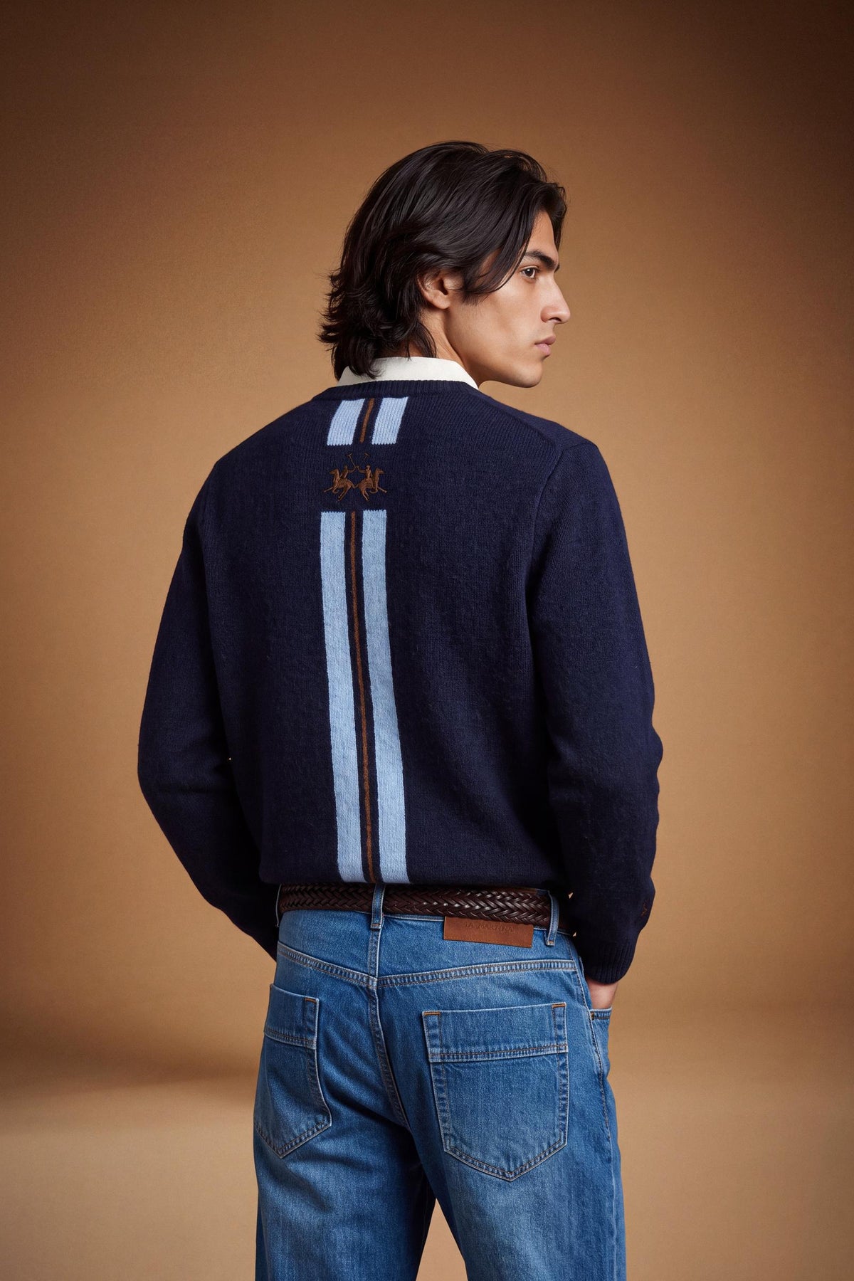 Men’s long-sleeve sweater with lambswool and alpaca blend for warmth and softness, featuring relaxed fit, wide sleeves, ribbed crew neck, and detailed embroidered design. - Navy
