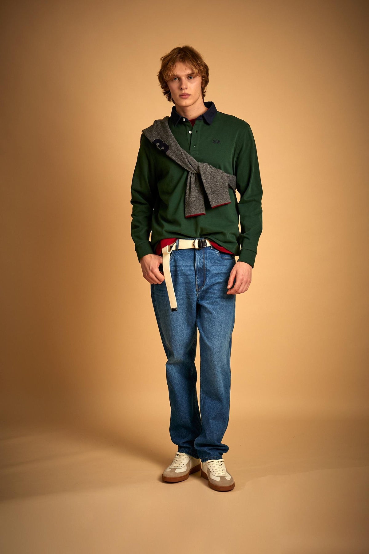 Men's long-sleeve polo shirt in heavy cotton jersey with contrast collar - Duke