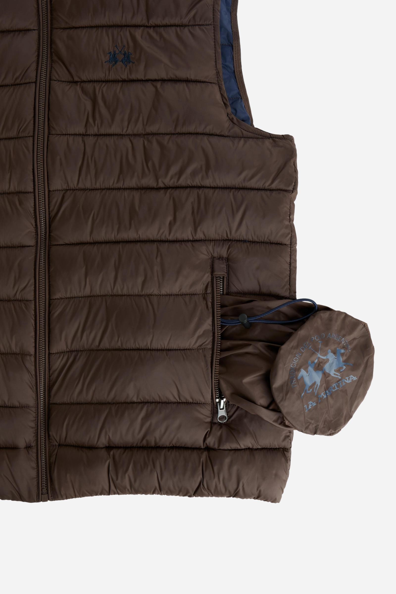 Men's sleeveless down jacket in lightweight nylon with wadding padding for warmth, zippered pockets, high collar, and contrasting interior and logo details. - Hot Fudge