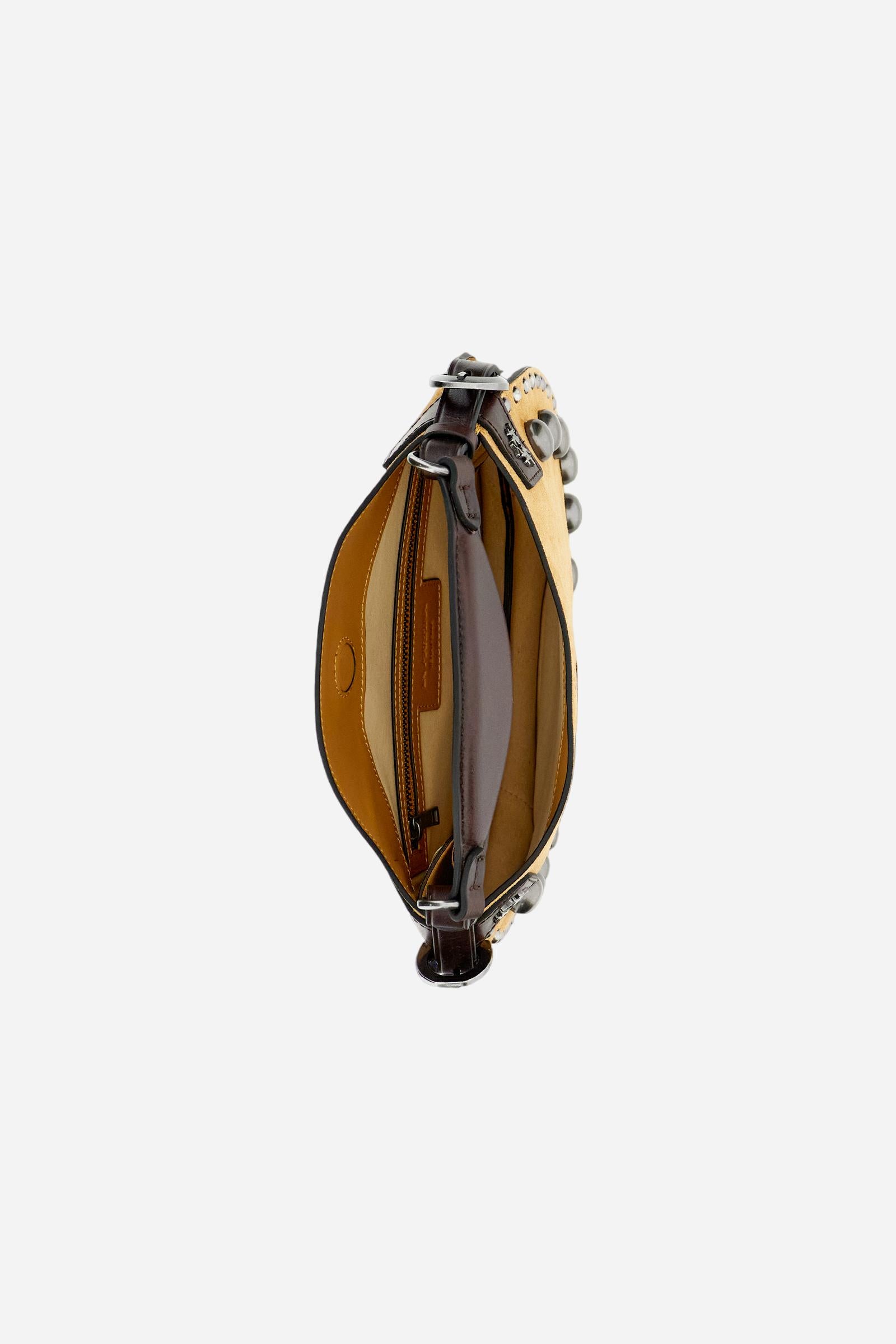 Small suede crescent bag with contrasting leather handles and strap, enhanced with small decorative studs. - HONEY/DARK CHOCOLATE