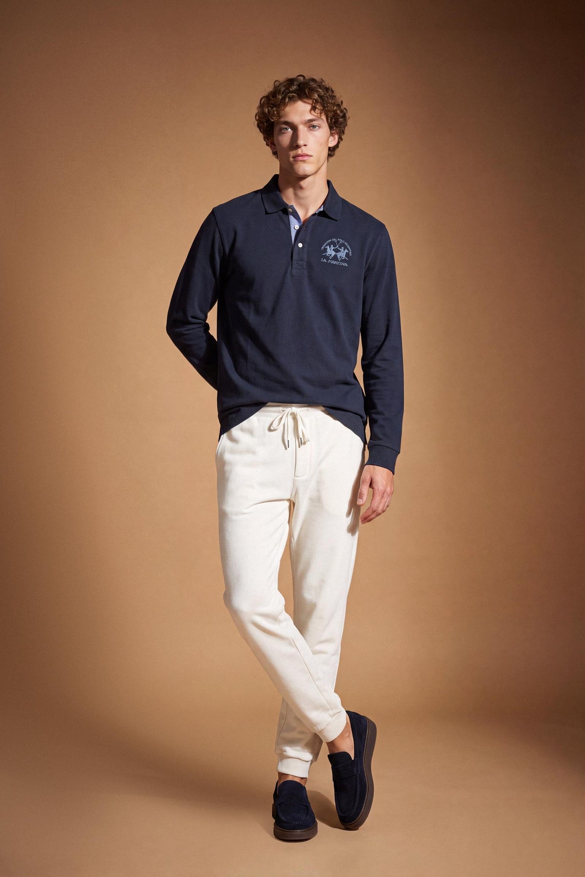 Men's long-sleeve polo in soft cotton jersey with contrasting gabardine collar, ribbed details, multicolor striped placket, and embroidered team logo for comfor - Navy Blazer