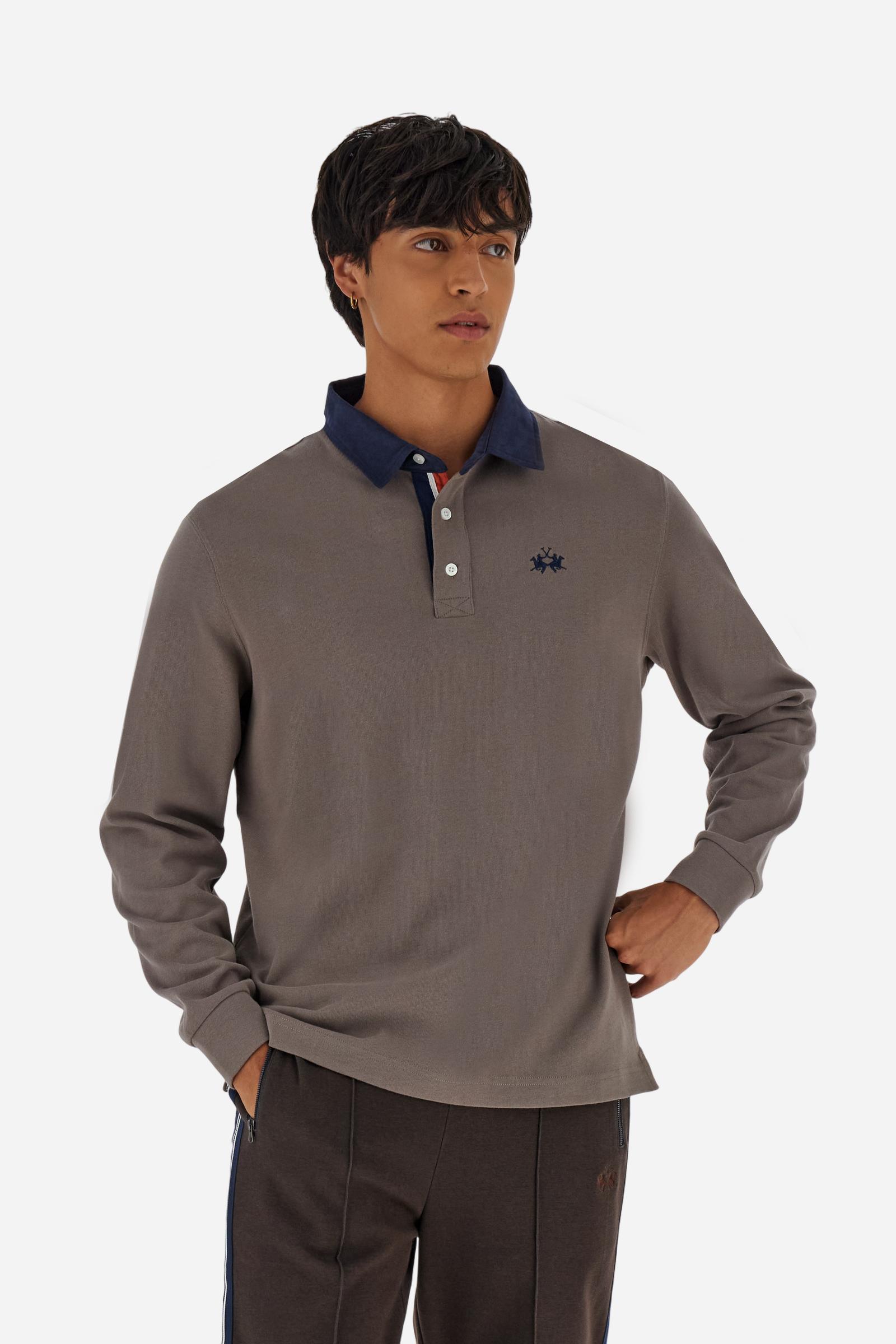 Classic men’s long-sleeve polo in soft-touch 100% cotton jersey. Contrast gabardine collar, three-button placket with multicolor striped tape. Iconic La Martina lettering printed in contrast under the collar. Small contrast logo embroidered on the chest. Regular fit for a balanced silhouette. Model wears size L. - Falcon